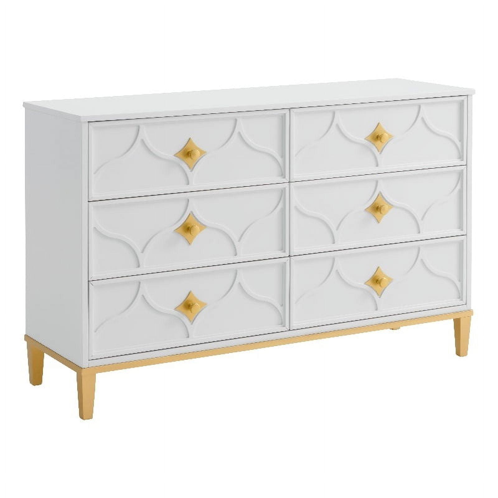 Emma Glam 6-Drawer White and Gold Dresser with Lattice Detail