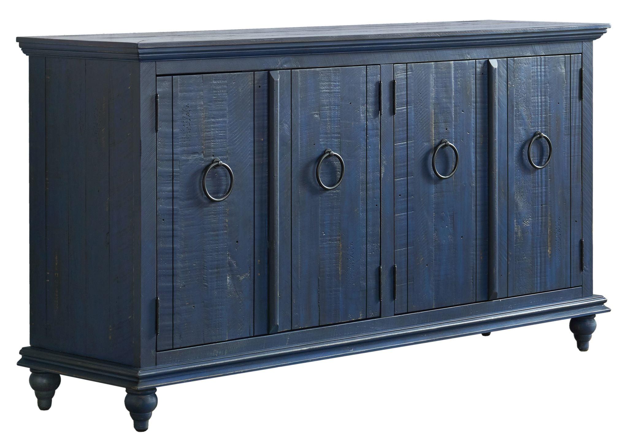 Rustic Blue 65" Solid Pine Wood TV Stand with Cabinet