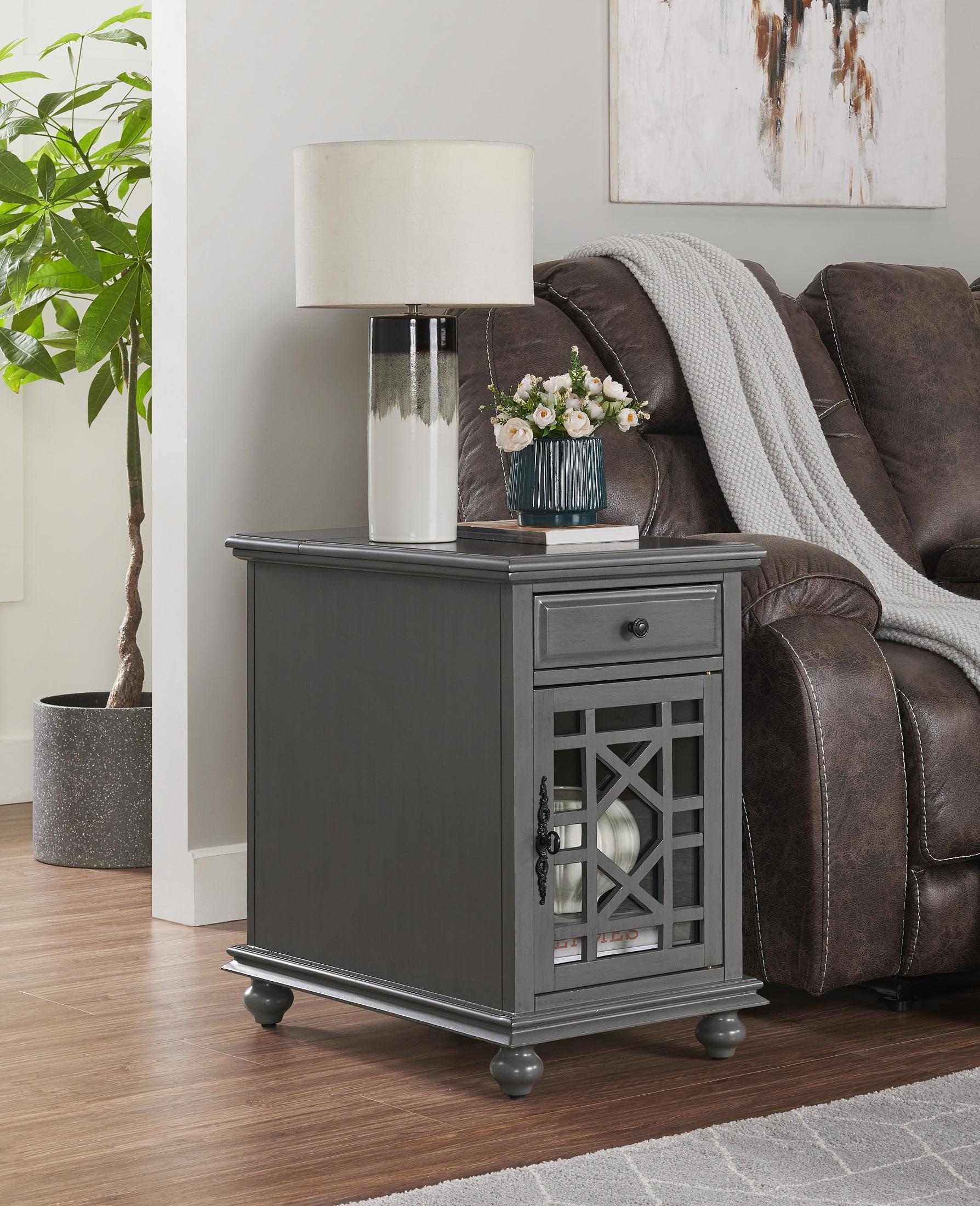 Sophisticated Gray Pine Chairside Table with Power Outlets