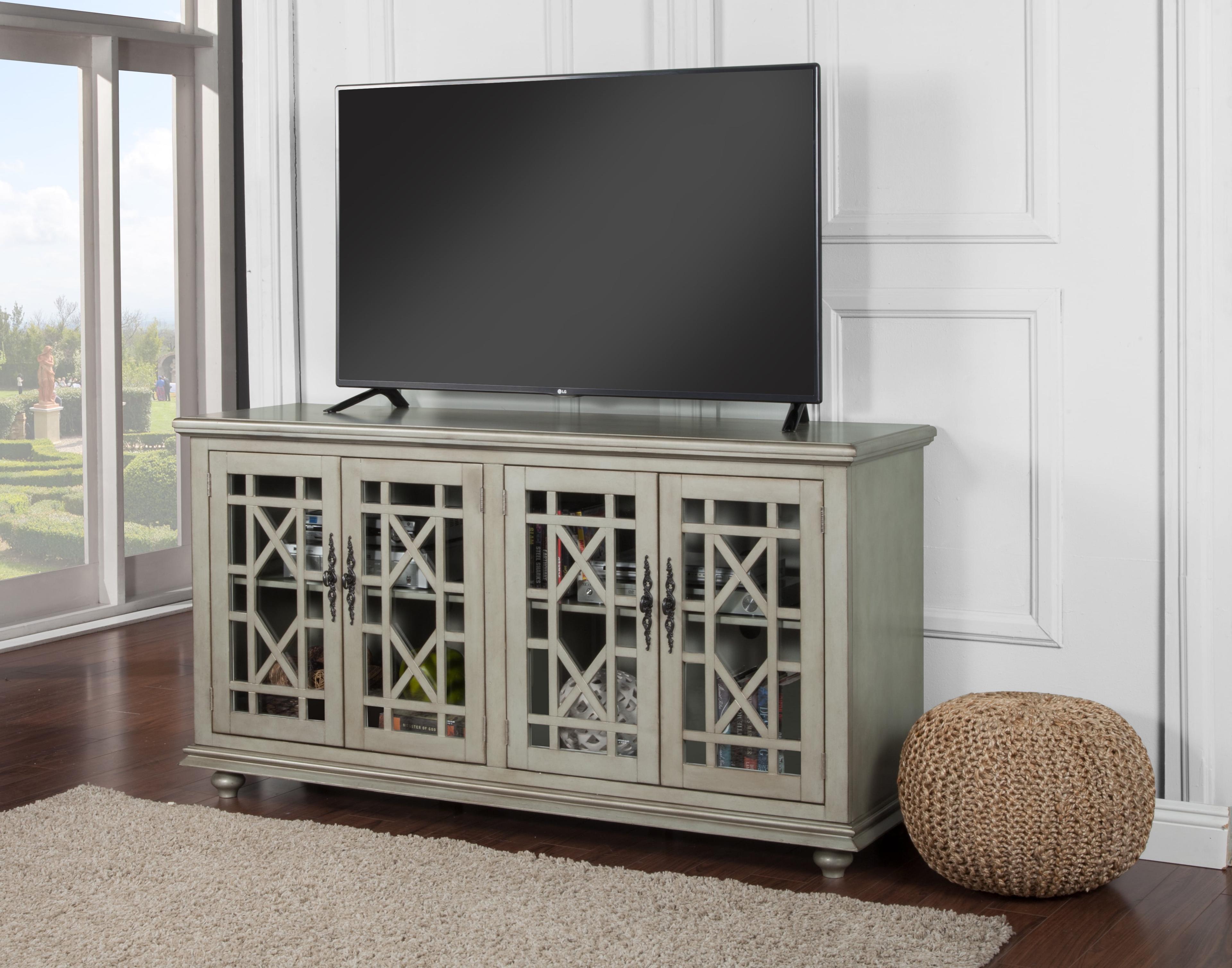 Antique Silver Wood TV Stand with Glass Doors