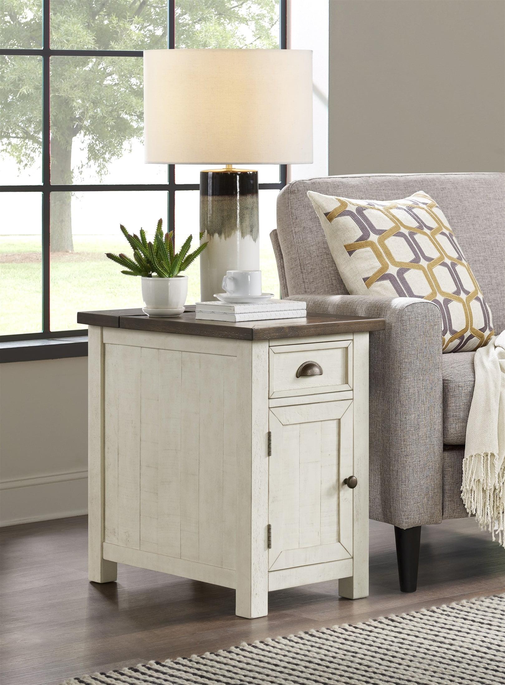 Coastal Farmhouse Cream White & Brown Pine Chairside Table with Power