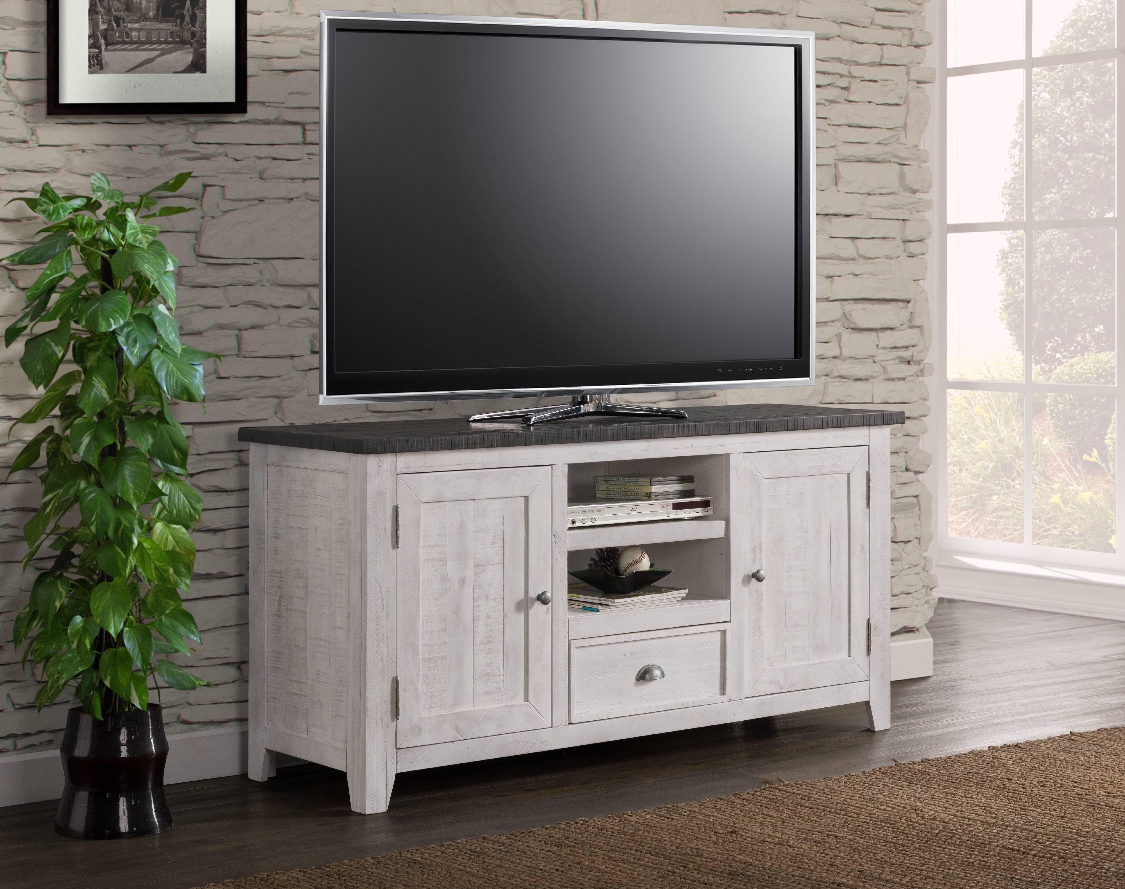 Monterey 60" White and Grey Pine TV Stand with Cabinets