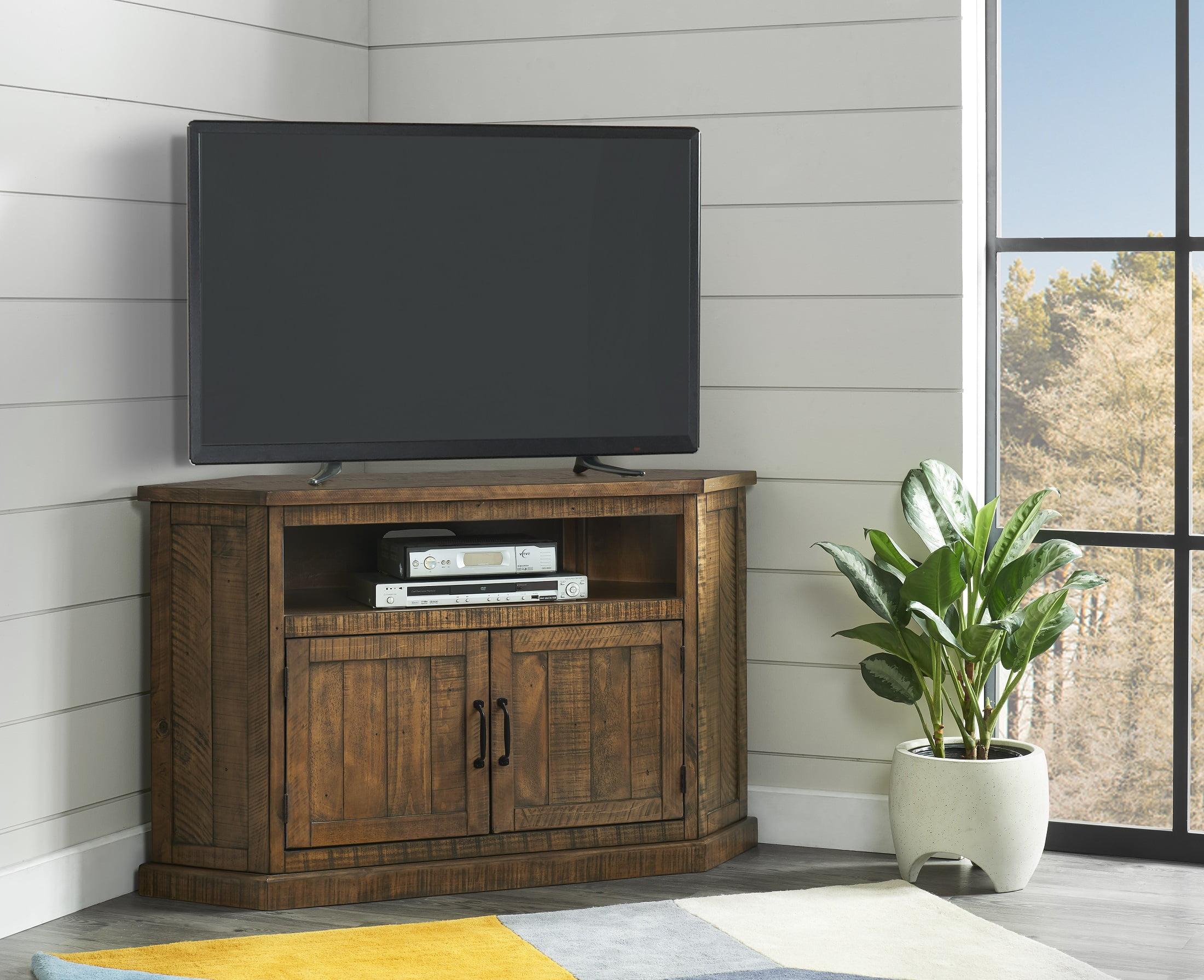 Rustic Corner Solid Pine TV Stand with Cabinet, Natural Finish, 50"