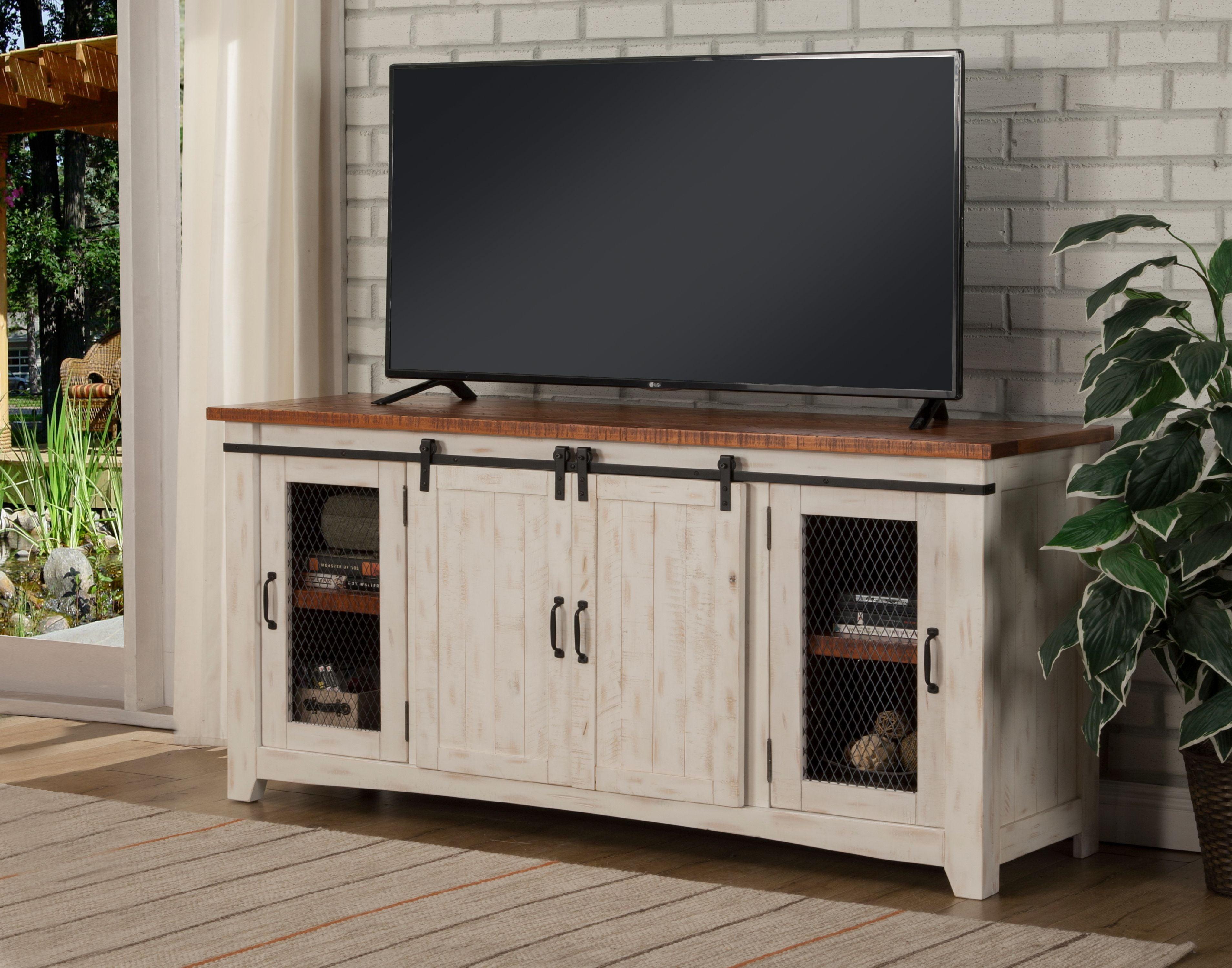 Antique White and Aged Distressed Pine 65" TV Stand with Cabinet