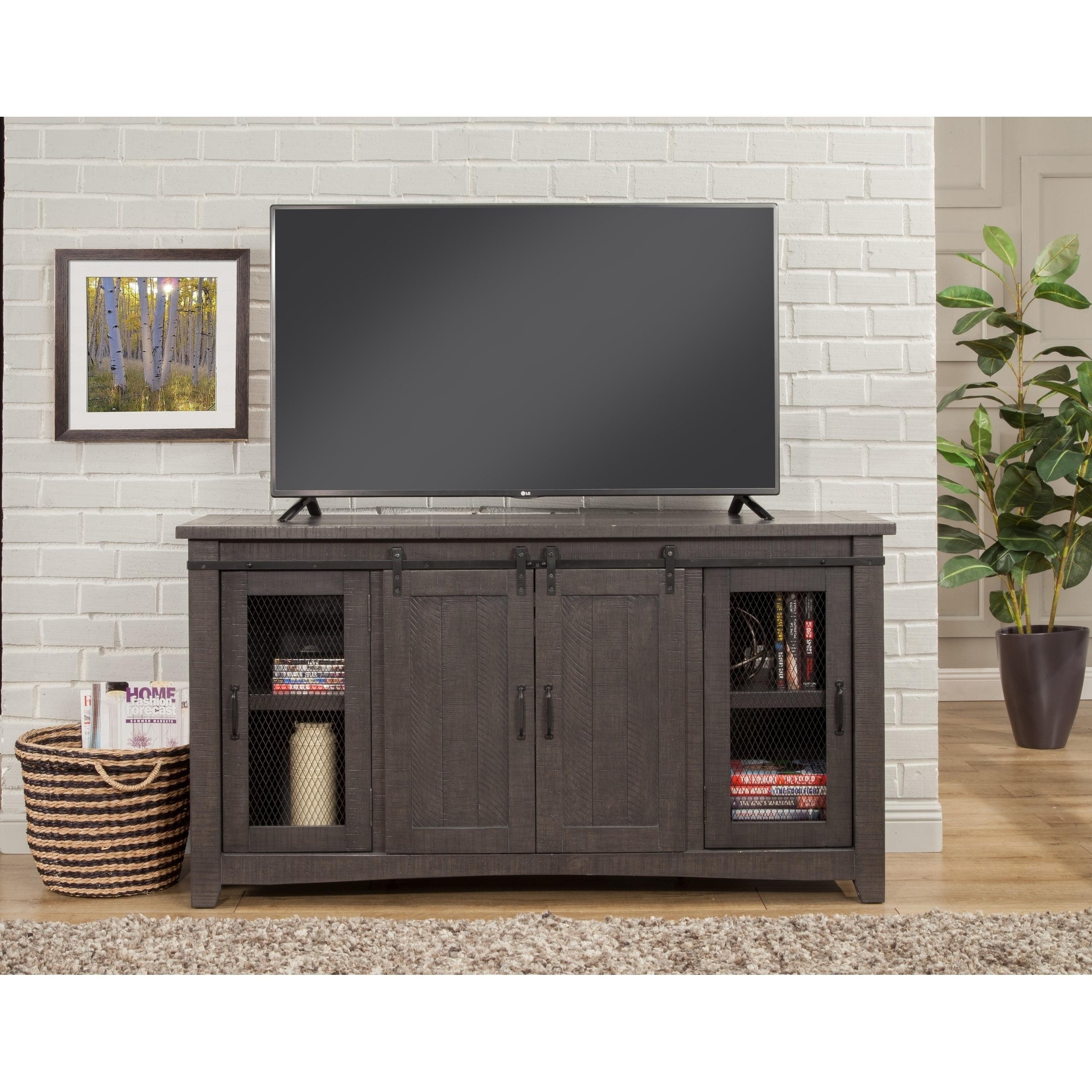 Rustic Sierra 65" Solid Pine TV Stand with Mesh Doors - Gray Finish