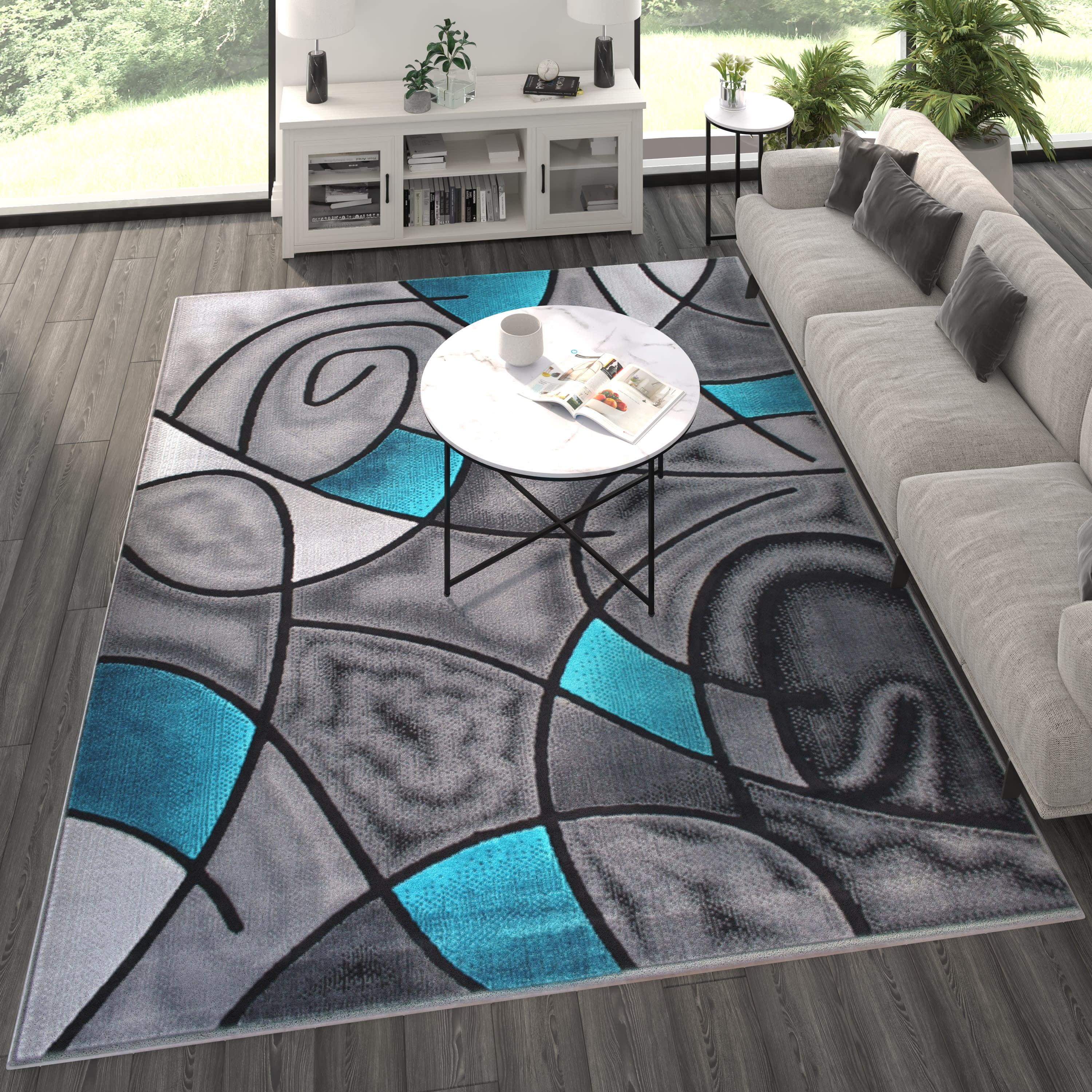 Masada Blue and Grey Abstract Modern Area Rug, 8x10