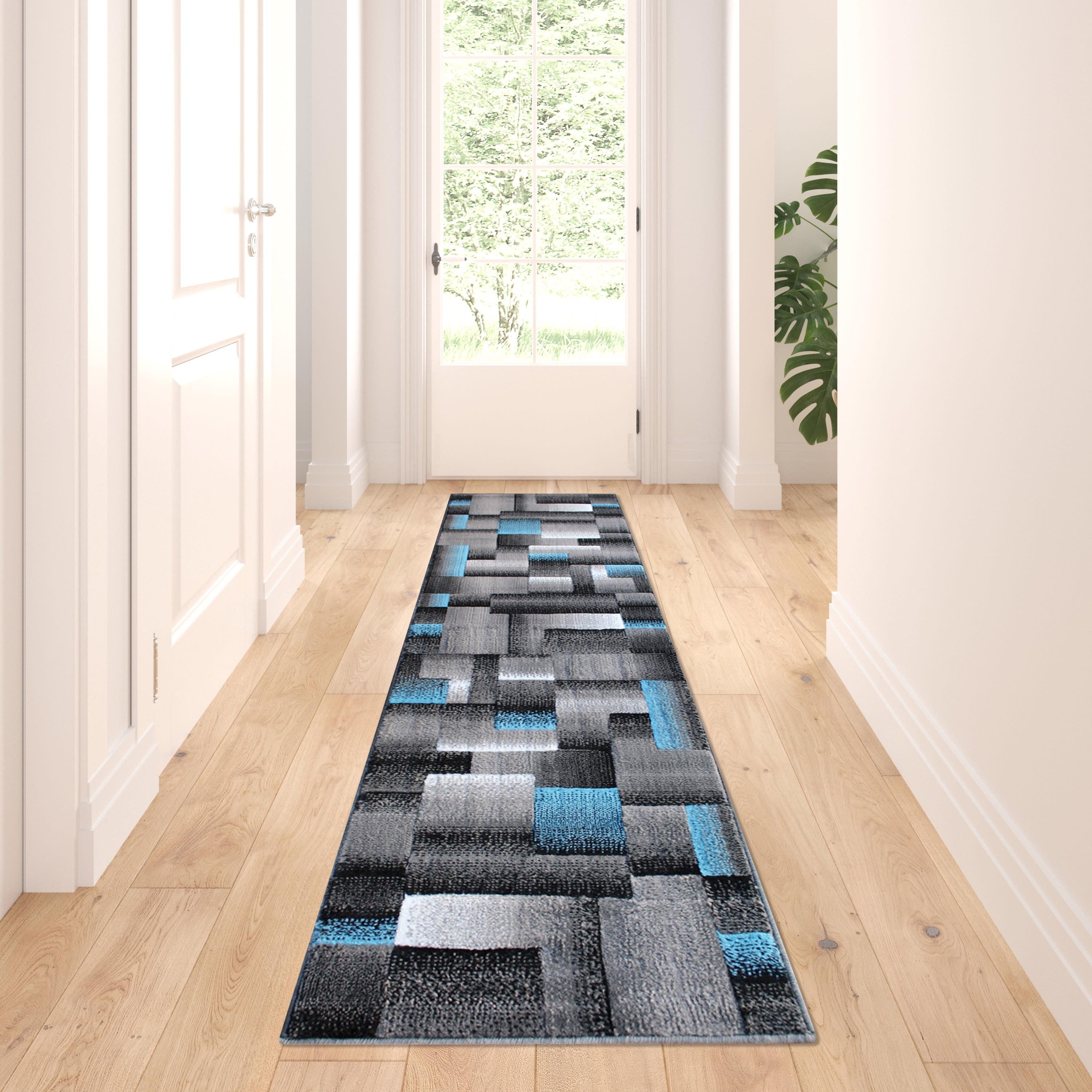 Blue and Gray Geometric Pattern Runner Rug