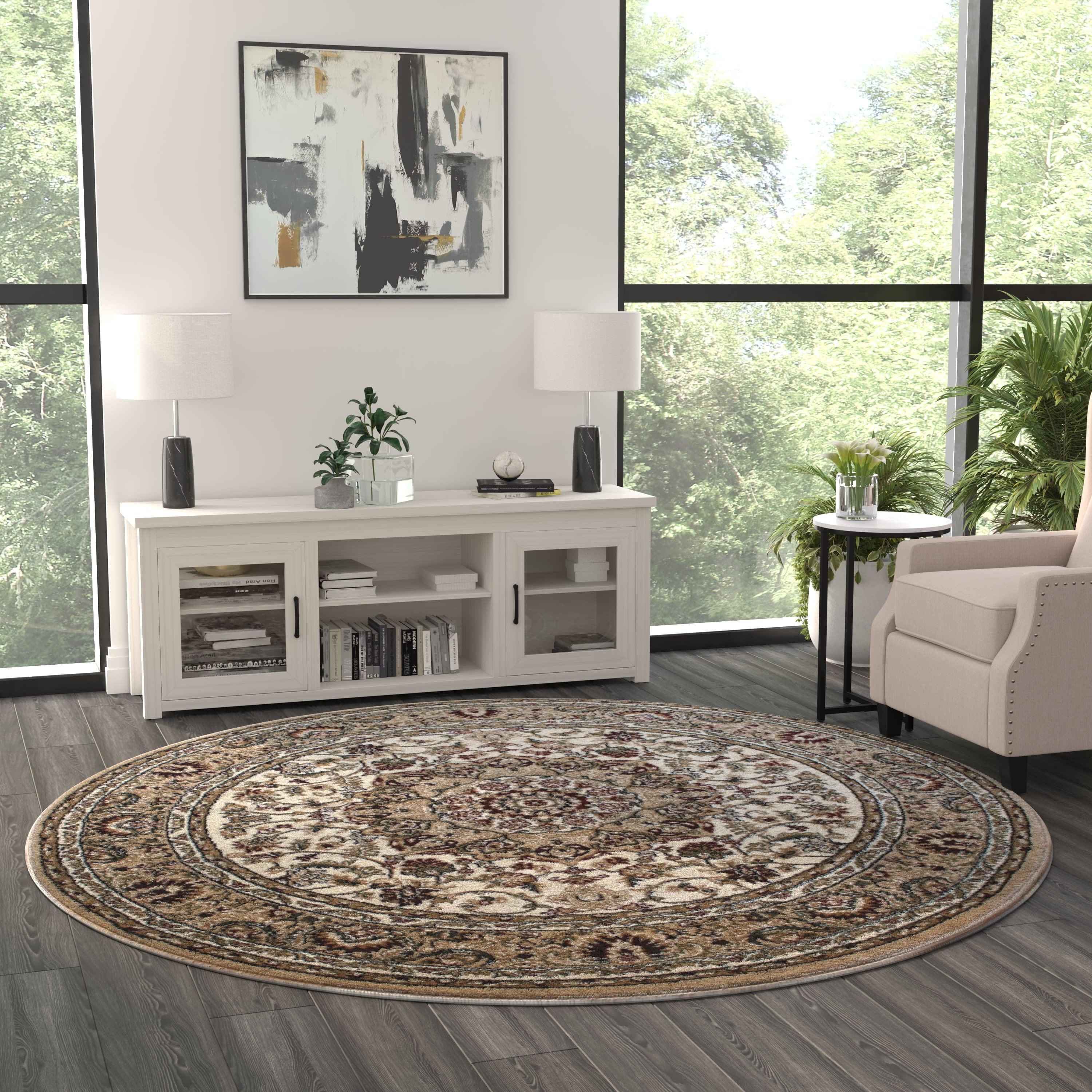 Ivory and Beige Round Synthetic Persian Area Rug