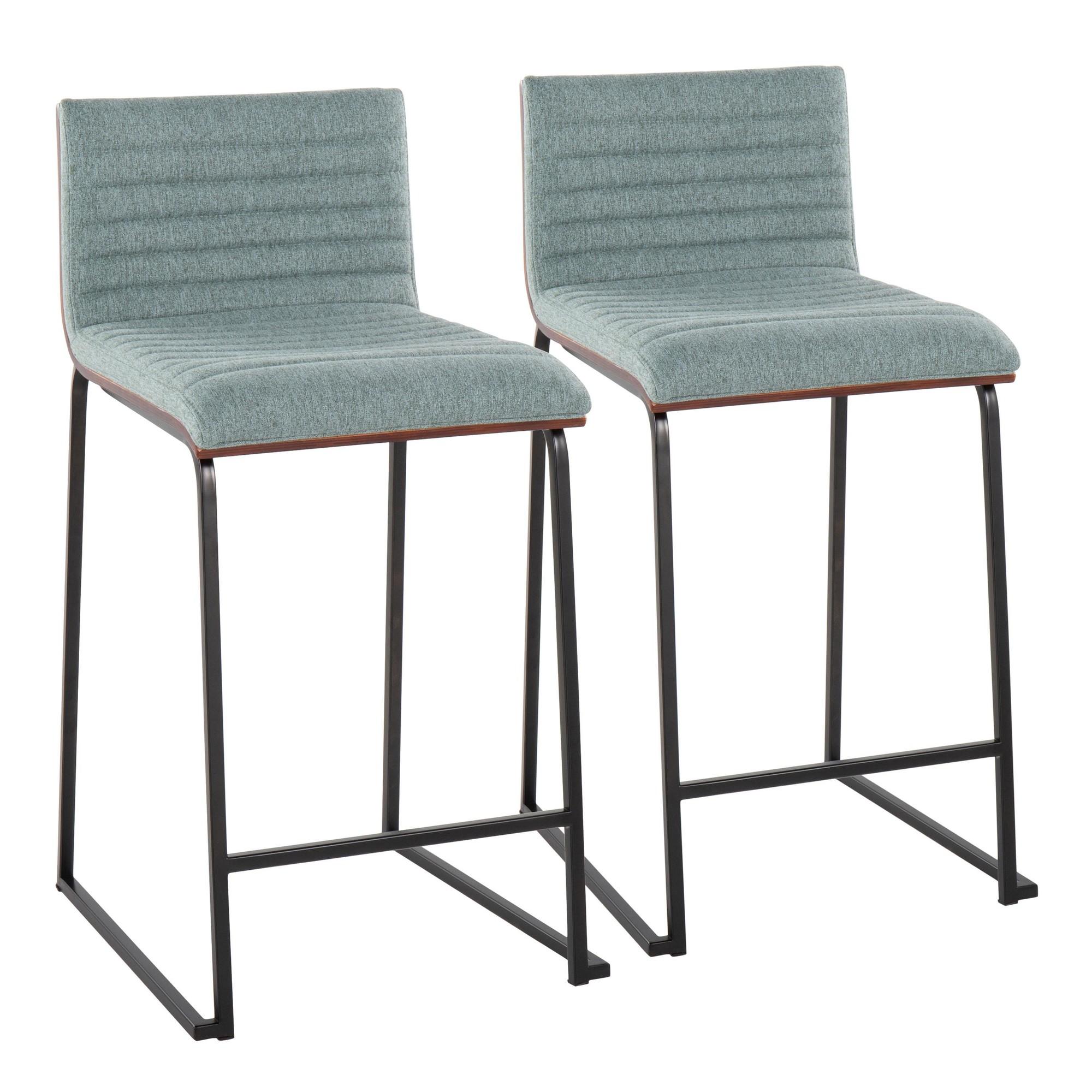 Green Upholstered Walnut Wood and Metal Counter Stools, Set of 2