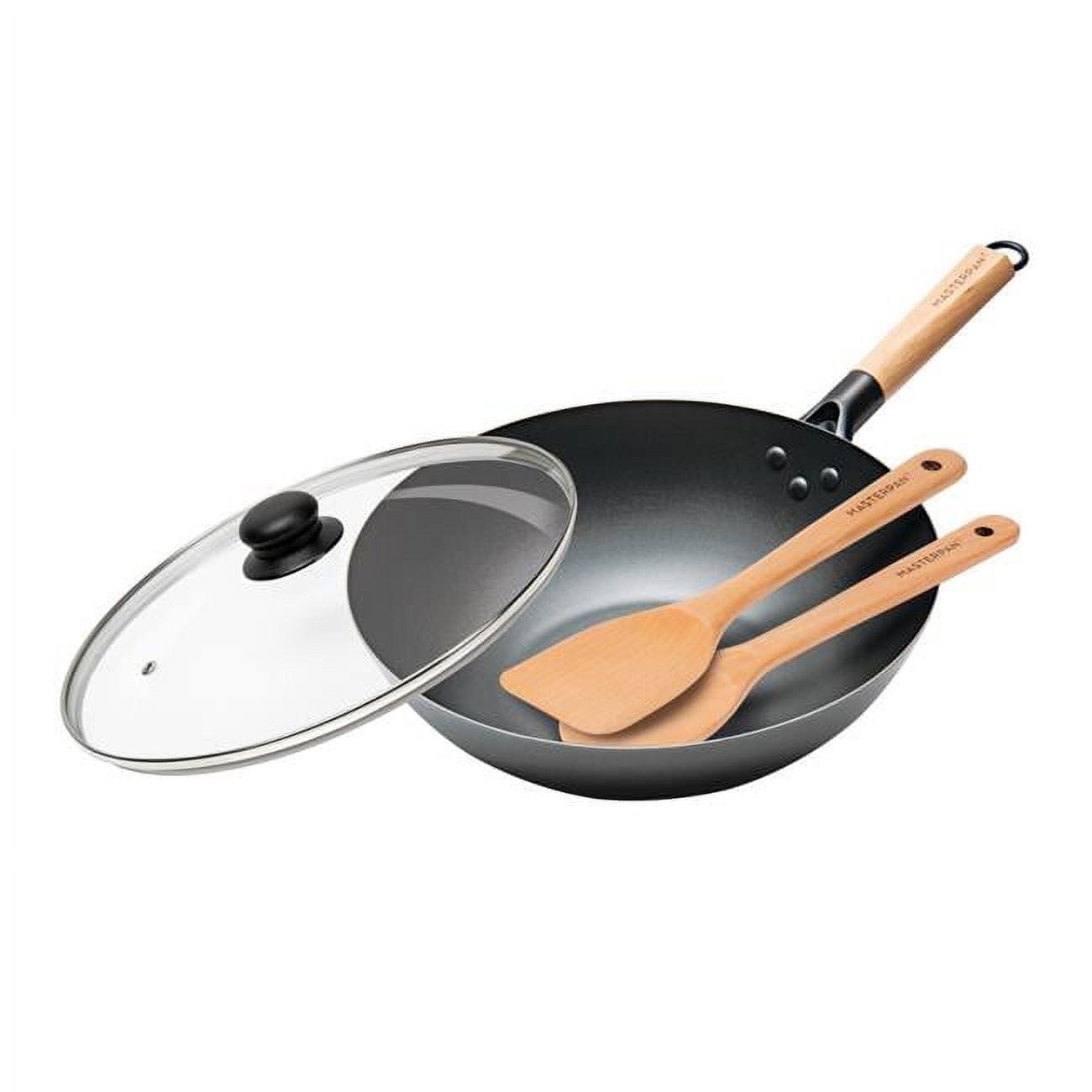 Masterpan Carbon Steel Wok With Glass Lid Wooden Utensils Non-Stick Flat Bottom Asian Stir-Fry