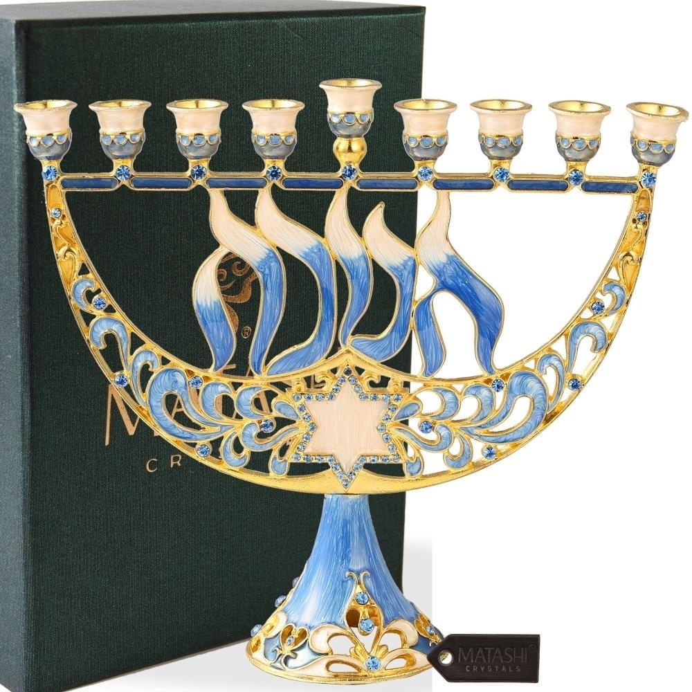Matashi HandPainted Enamel Menorah Candelabra-Hanukkah Design  Crystal