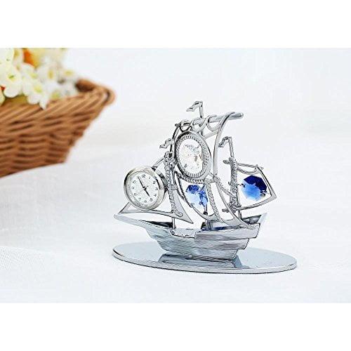 Chrome Plated Sailboat Ornament with Blue Crystal Clock