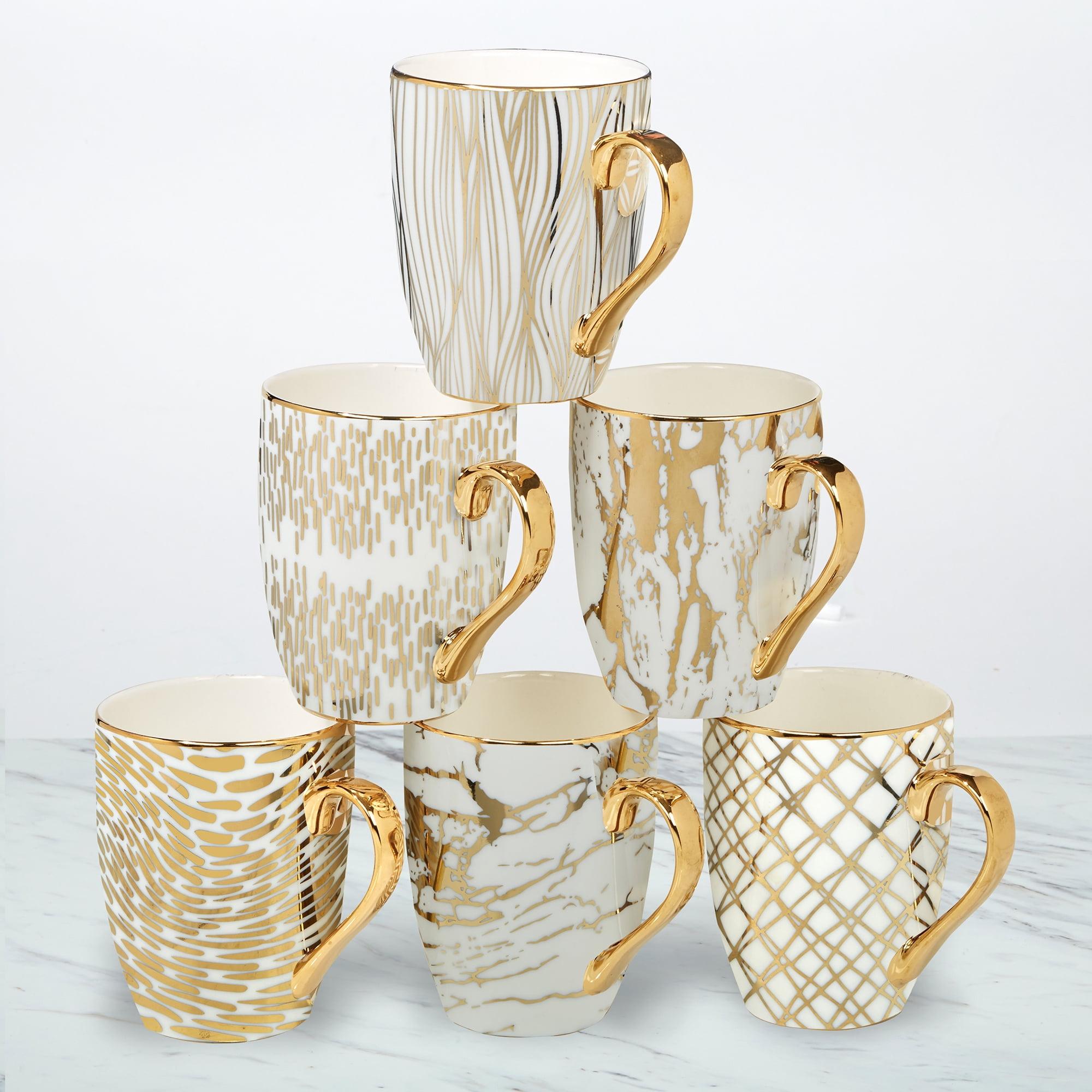 Elegant White and Gold Ceramic Mug Set, 16 oz, 6-Piece