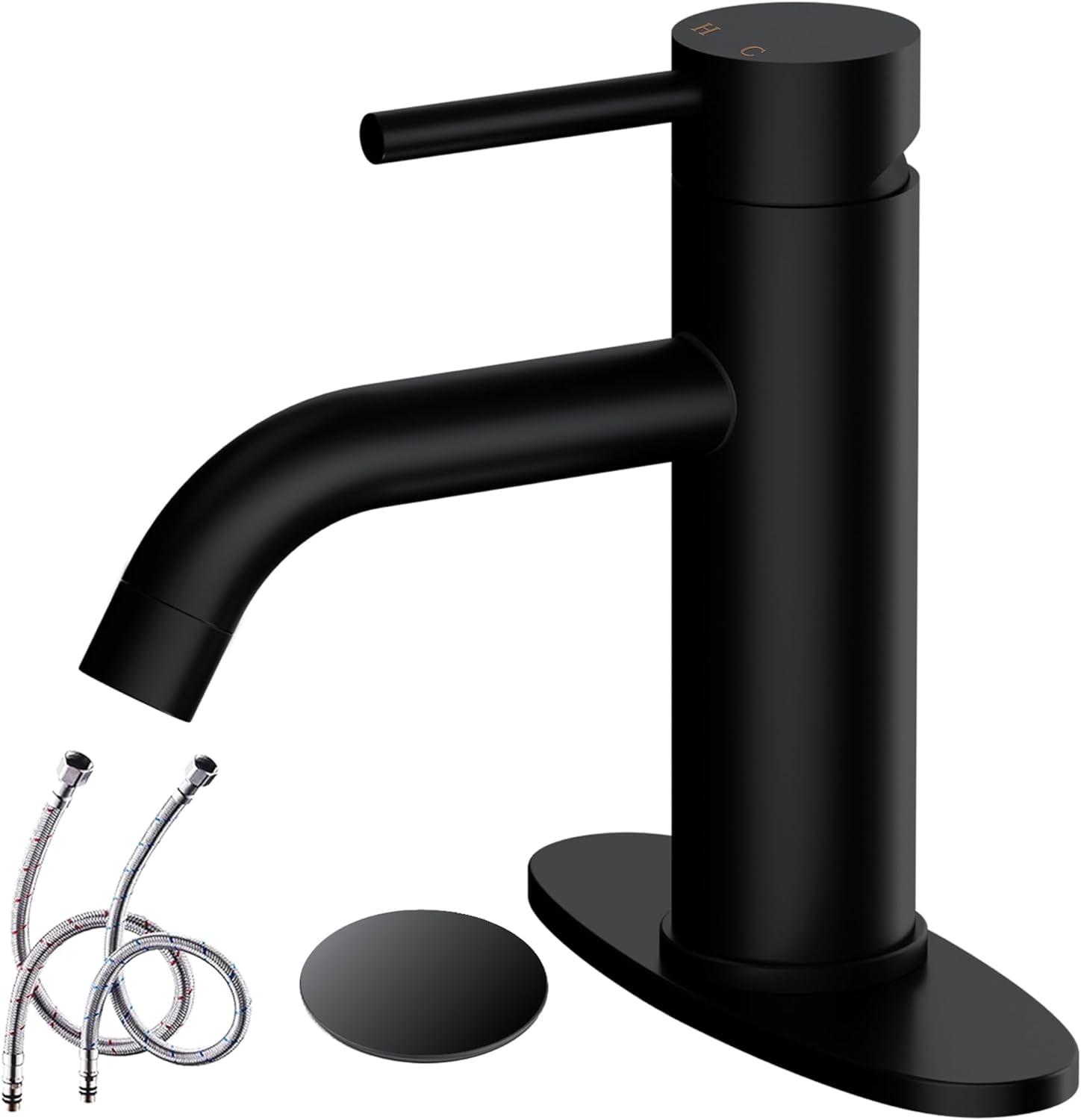 Matte Black Bathroom Faucet Black Bathroom Sink Faucet Single Handle Black Bathroom Faucet Modern Single Hole Faucet Bathroom with Pop-up Sink Drain Stopper & Deck Plate 1 or 3 Hole Bathroom Faucet