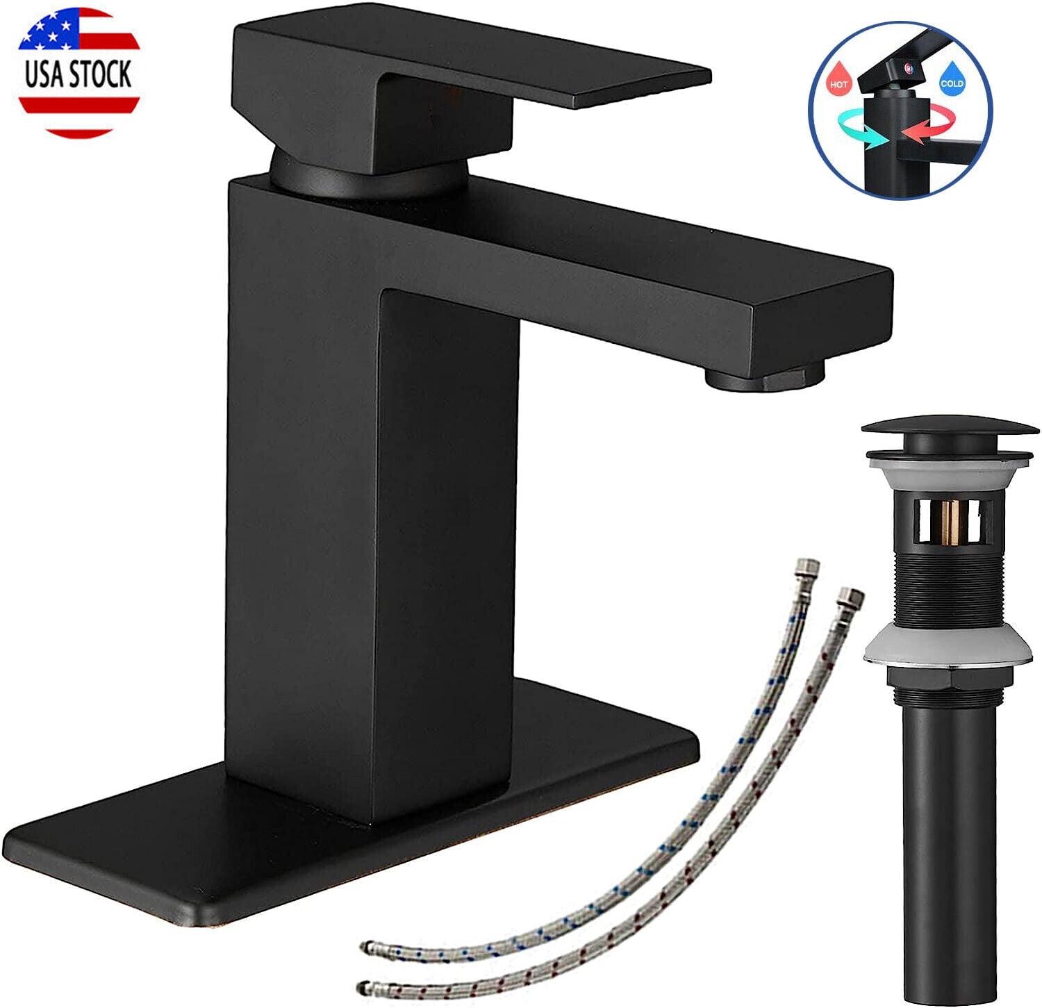 Black Bathroom Faucet with Sink Pop up Drain,Stainless Steel Bathroom Faucets for Sink 1 or 3 Holes, Matte Black Vanity RV Lavatory Faucet with Single Handle, Deck Plate, Water Supply Hoses