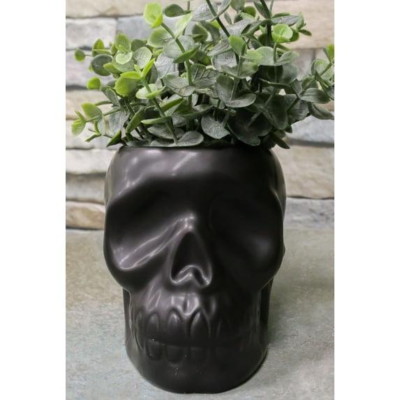 Matte Black Ceramic Day Of The Dead Ghastly Skull Planter Bowl Pot Figurine
