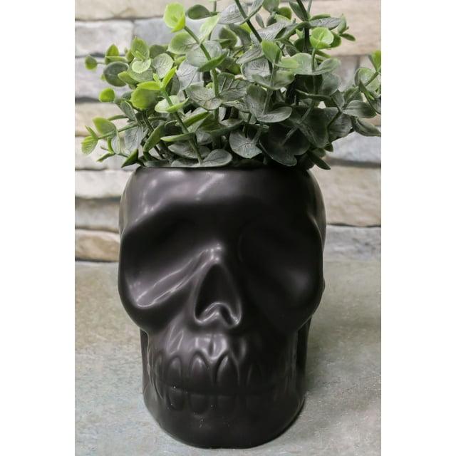 Matte Black Ceramic Day Of The Dead Ghastly Skull Planter Bowl Pot Figurine
