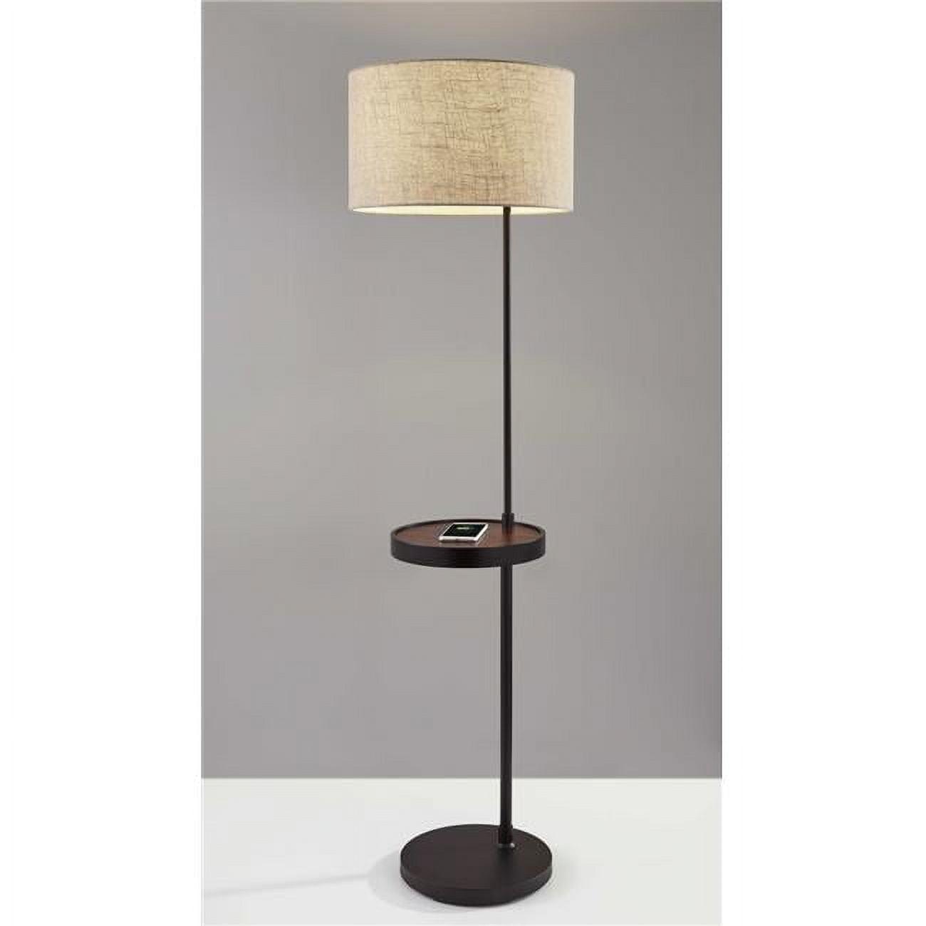 Black Metal and Wood Tray Table Floor Lamp with Beige Shade