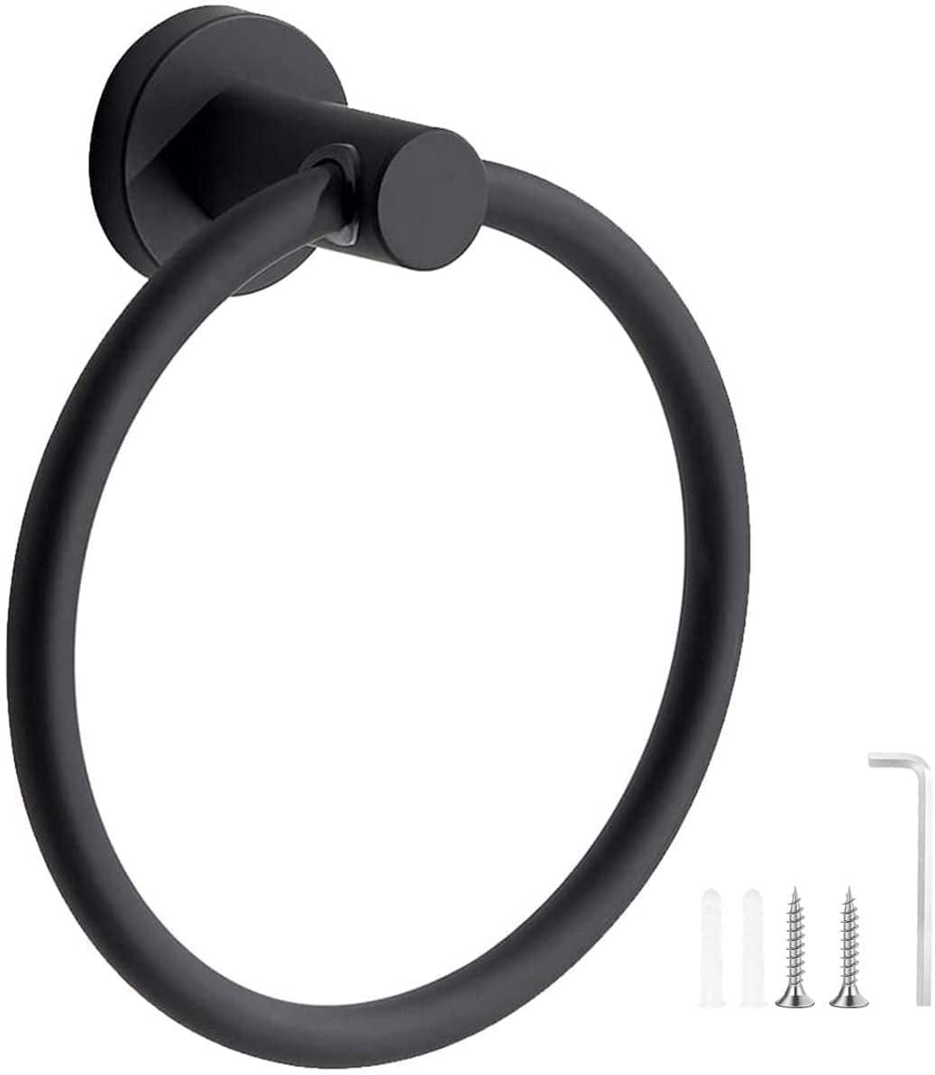 Matte Black Towel Ring for Bathroom Stainless Steel Rustproof Modern Hand Towel Holder Hangers Round Wall Mount Bath Hardware Set with Installation Accessories and Instructions