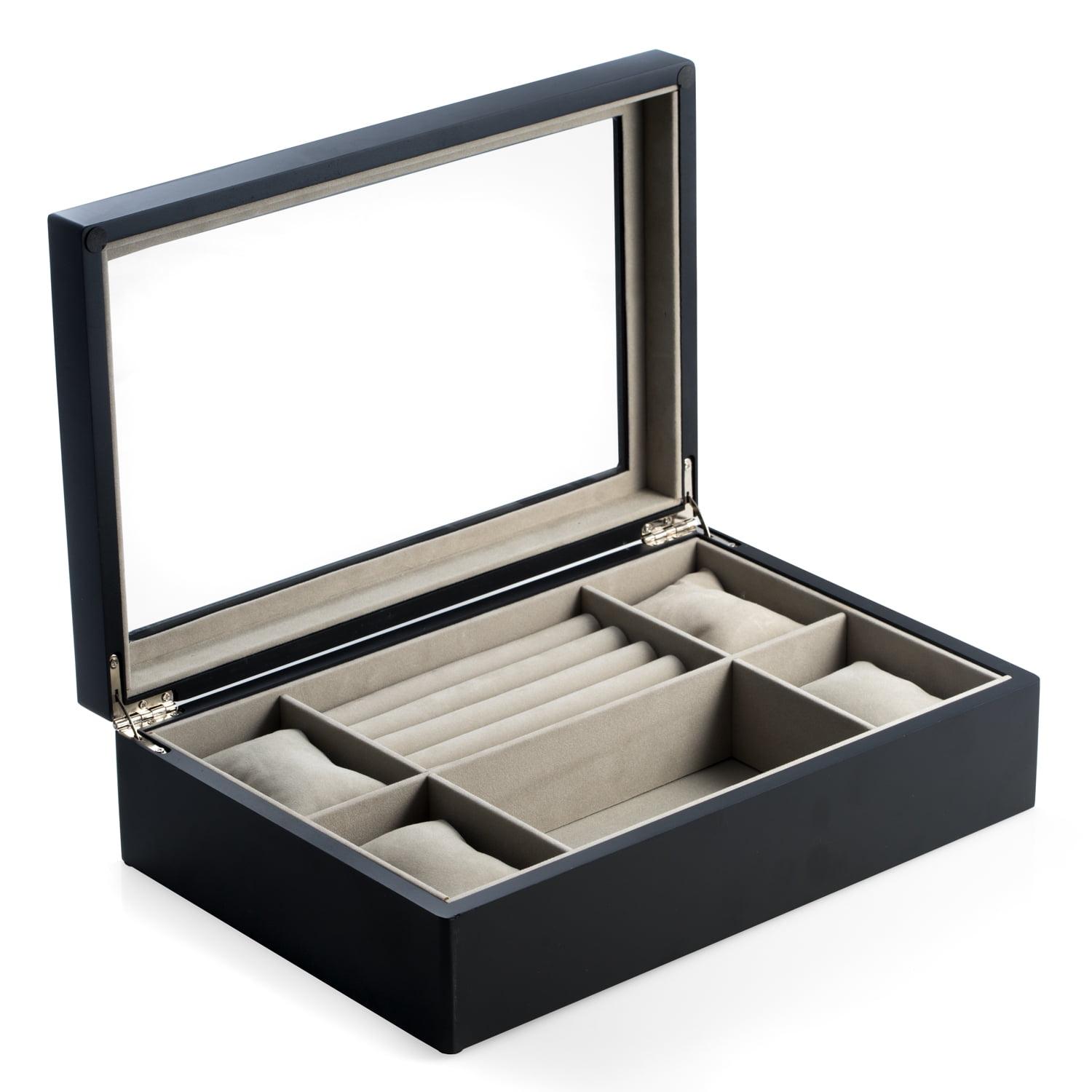 Matte Black Wood Valet and Watch Box with Glass Top and Soft Velour Lining. Slots for Rings and Cufflinks and 4 Watch Pillows.