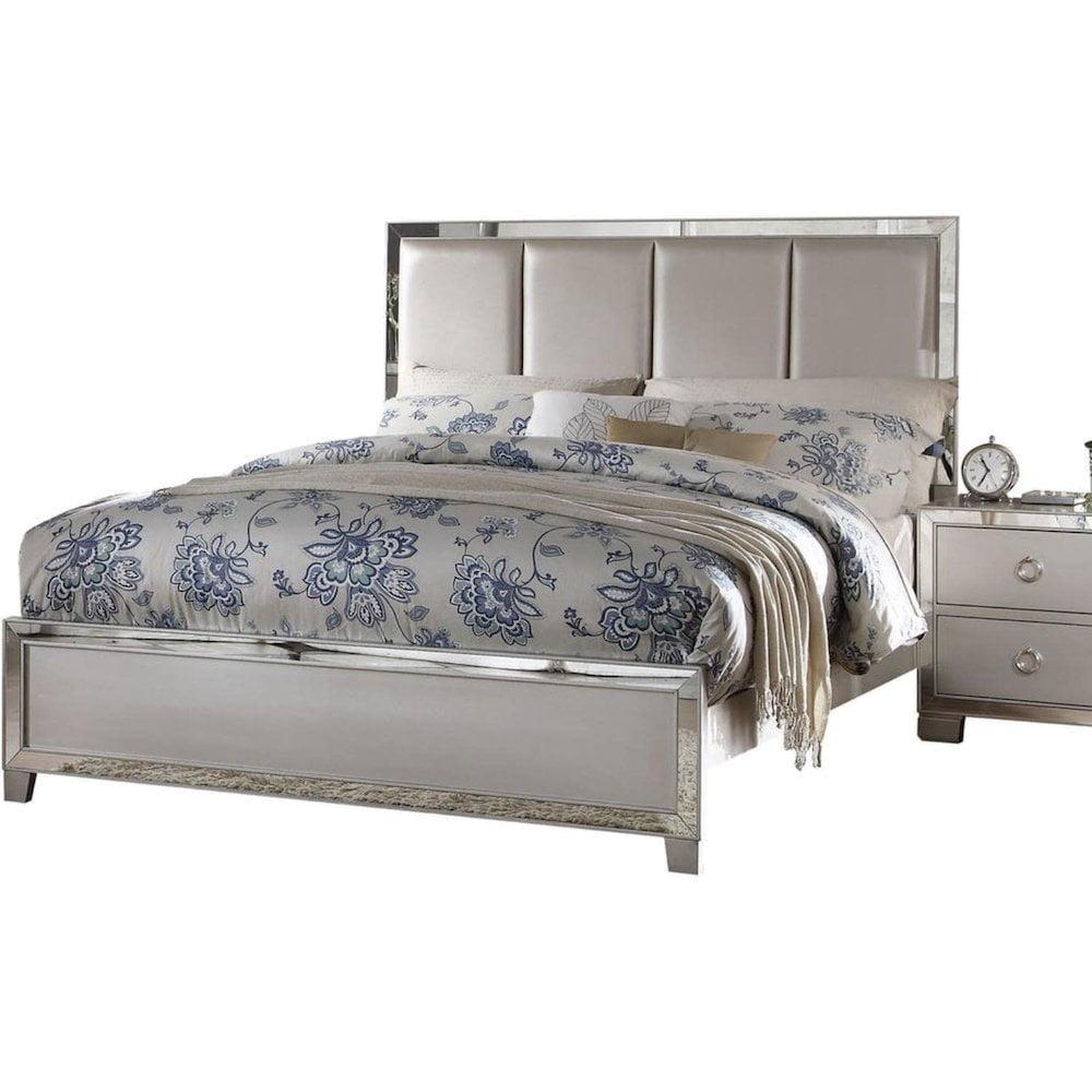 Elegant Platinum King Bed with Tufted Faux Leather Headboard and Storage