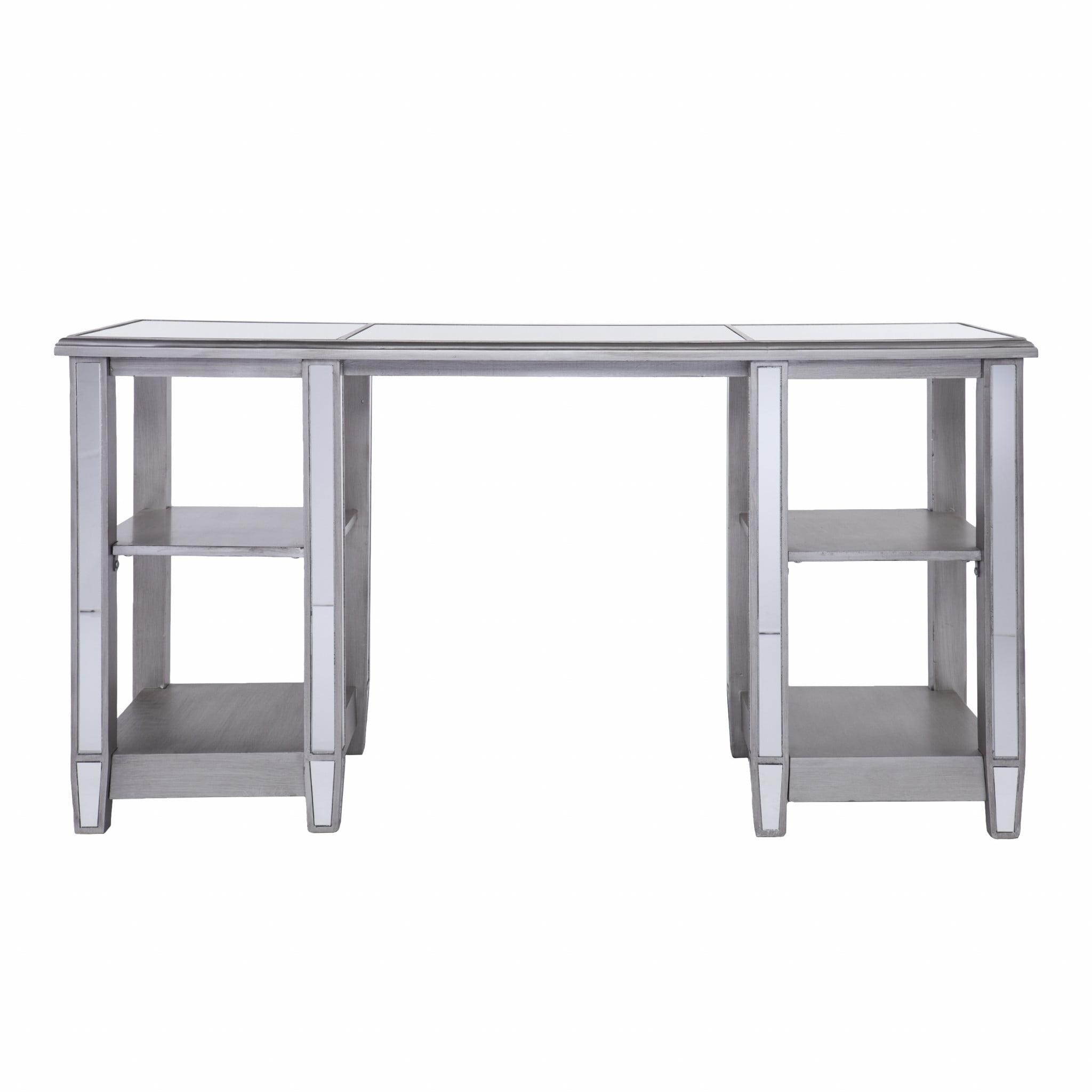 Contemporary Matte Silver Mirrored Office Desk with Open Shelves