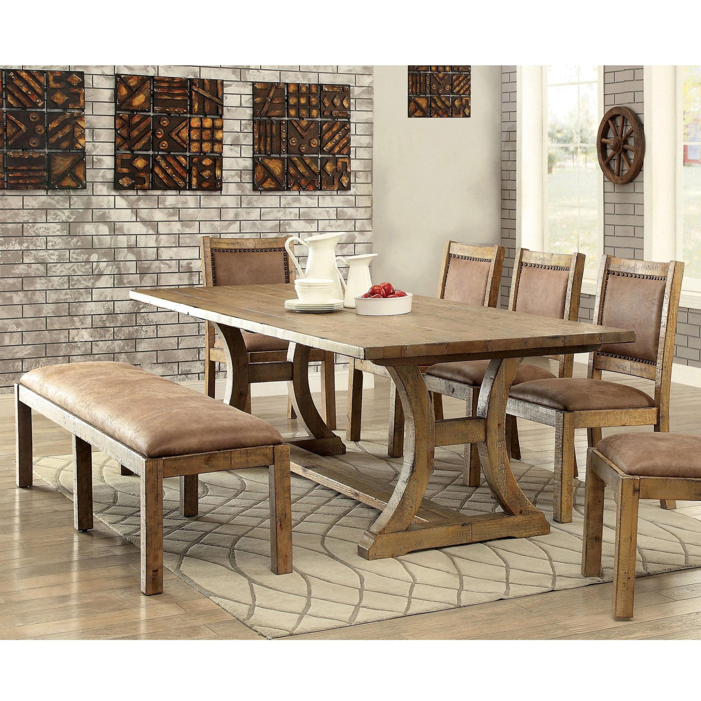 Rustic Pine 6-Piece Dining Set with Faux Leather Chairs