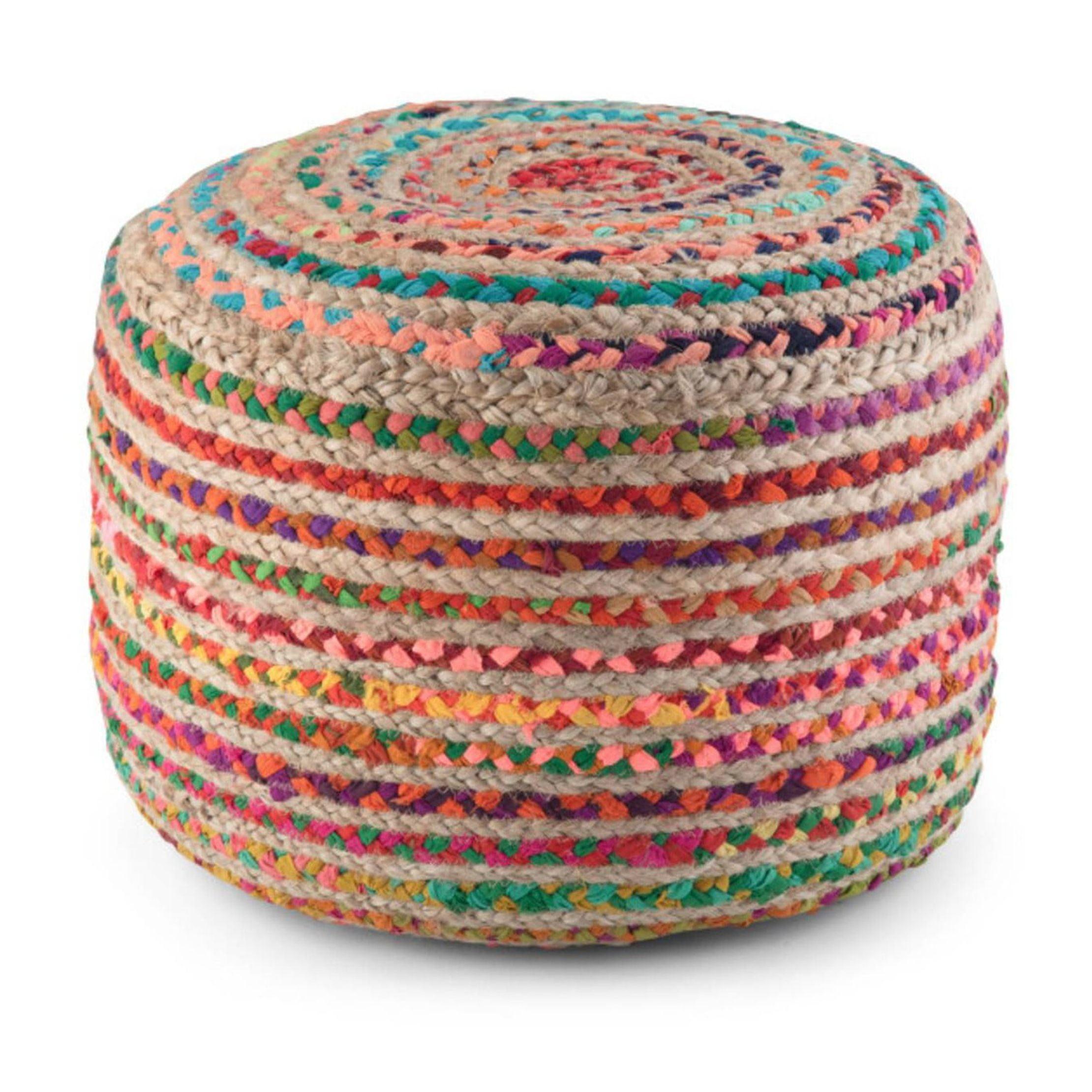 Margo Boho Hand-Braided Jute & Cotton Round Pouf, Multicolor