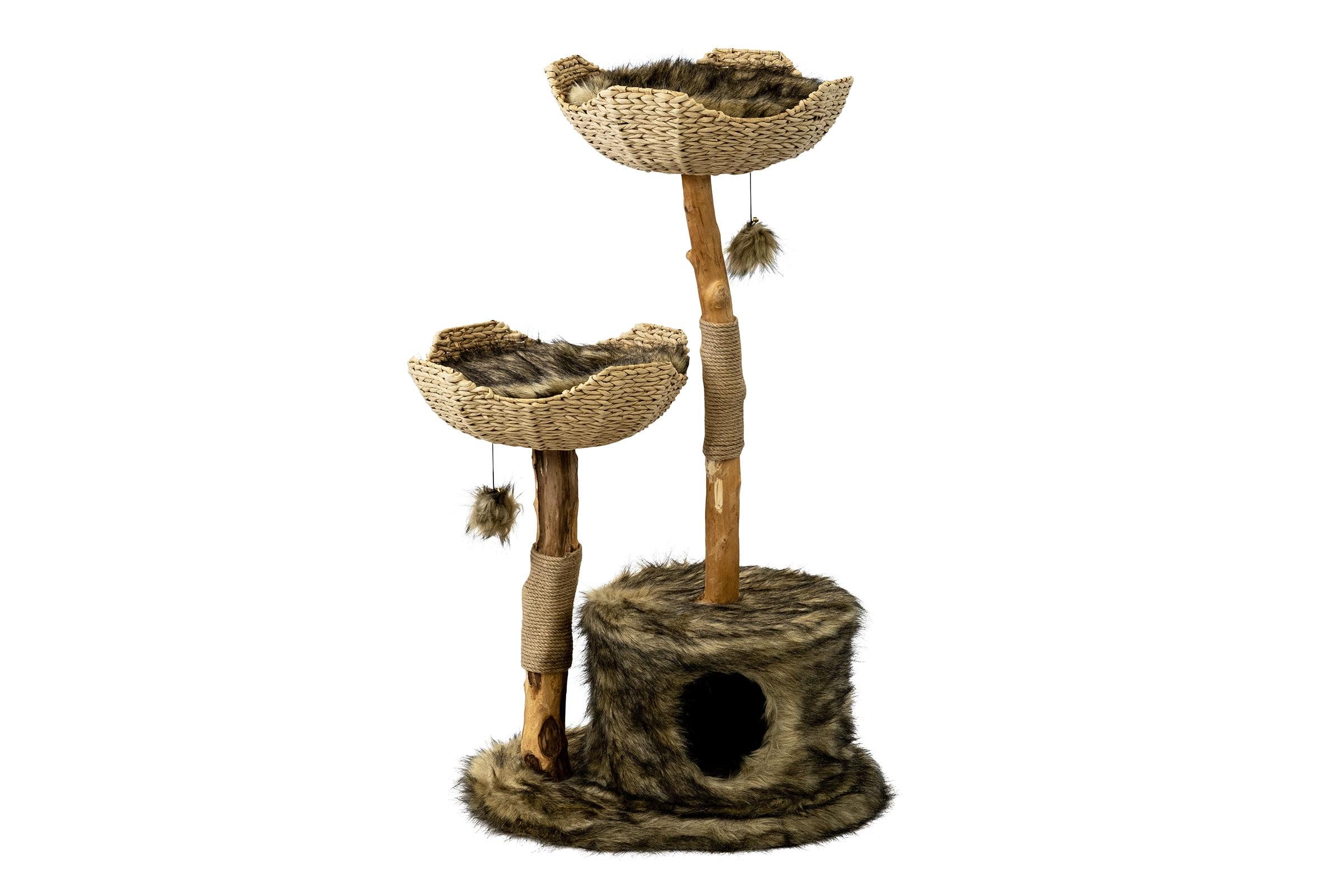 Handmade Grey Woven Rattan and Wood Cat Tree