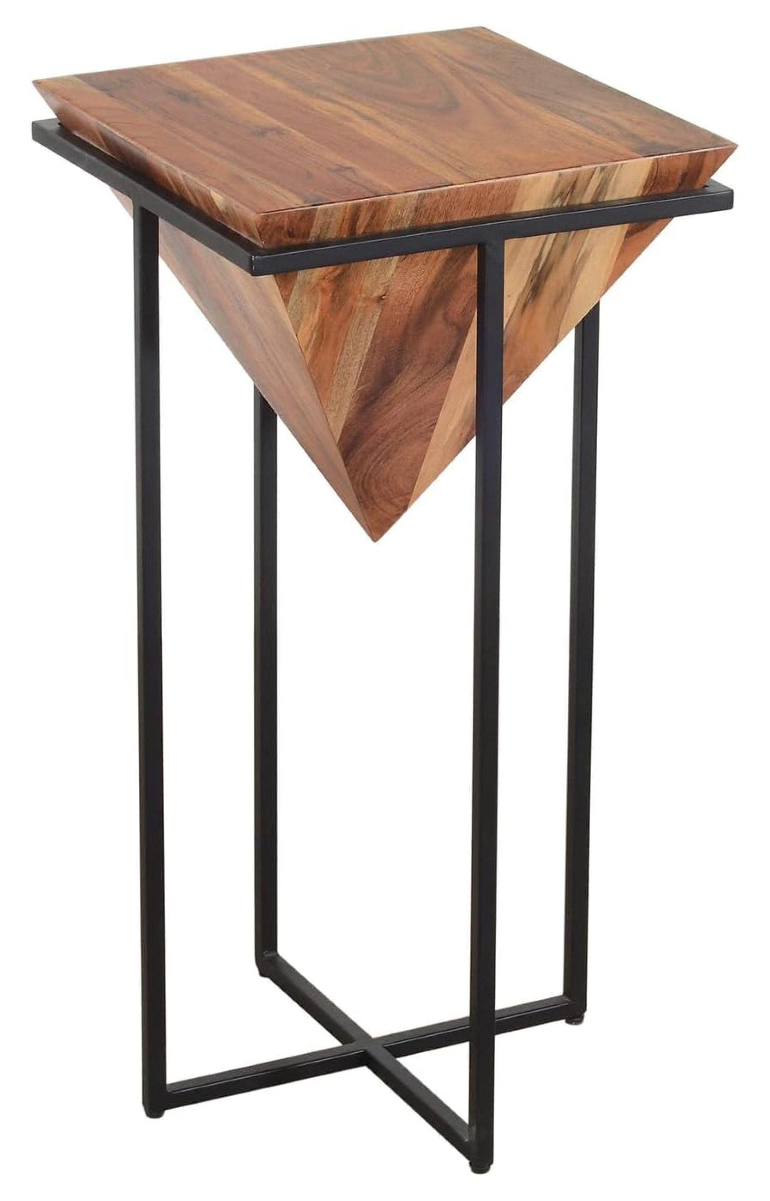 30-Inch Brown Acacia Wood Side Table with Black Metal Cross Base