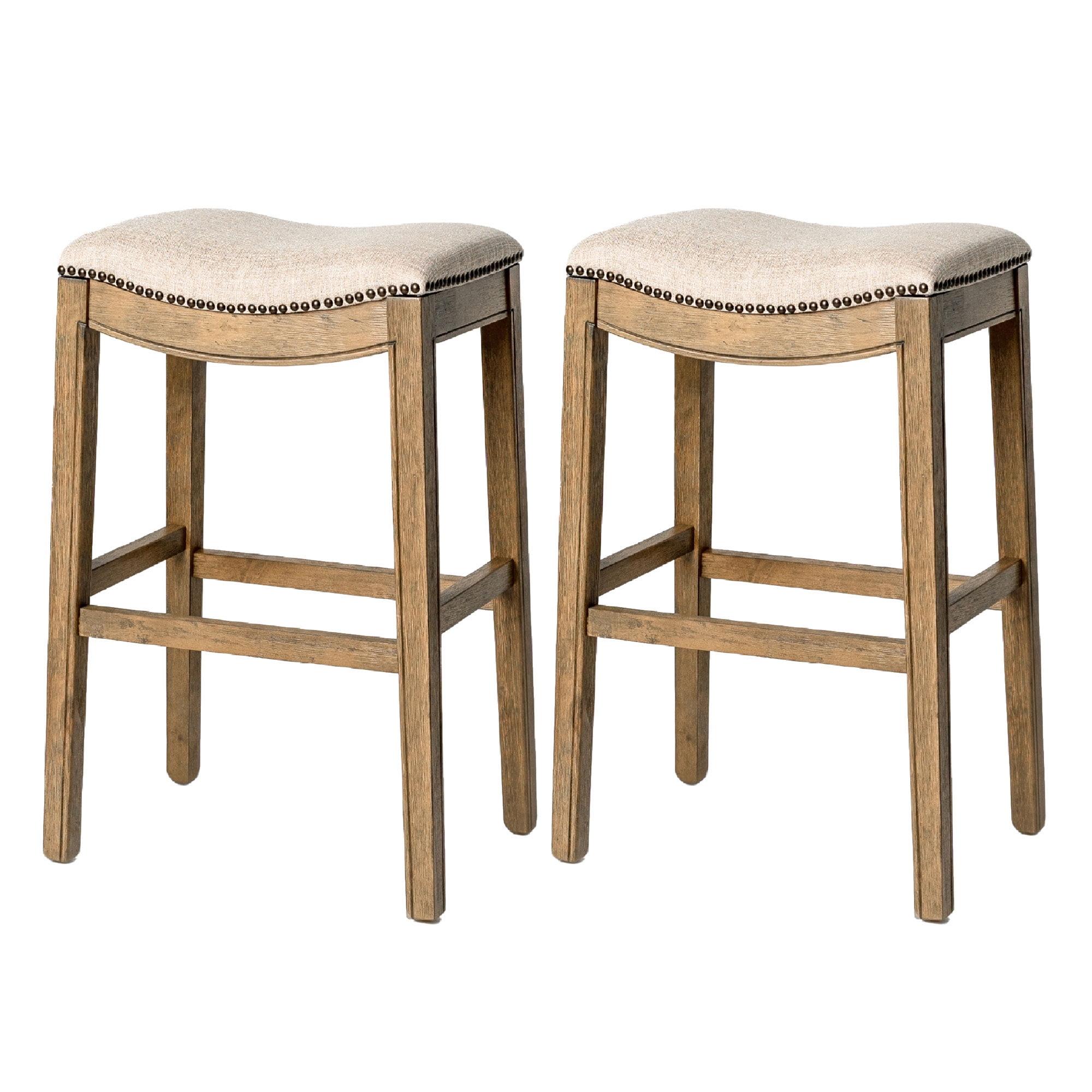 Maven Lane Adrien 31 Inch Bar Height Upholstered Backless Saddle Barstool in Natural Wood Finish with Wheat Cream Fabric Cushion Seat, Set of 2