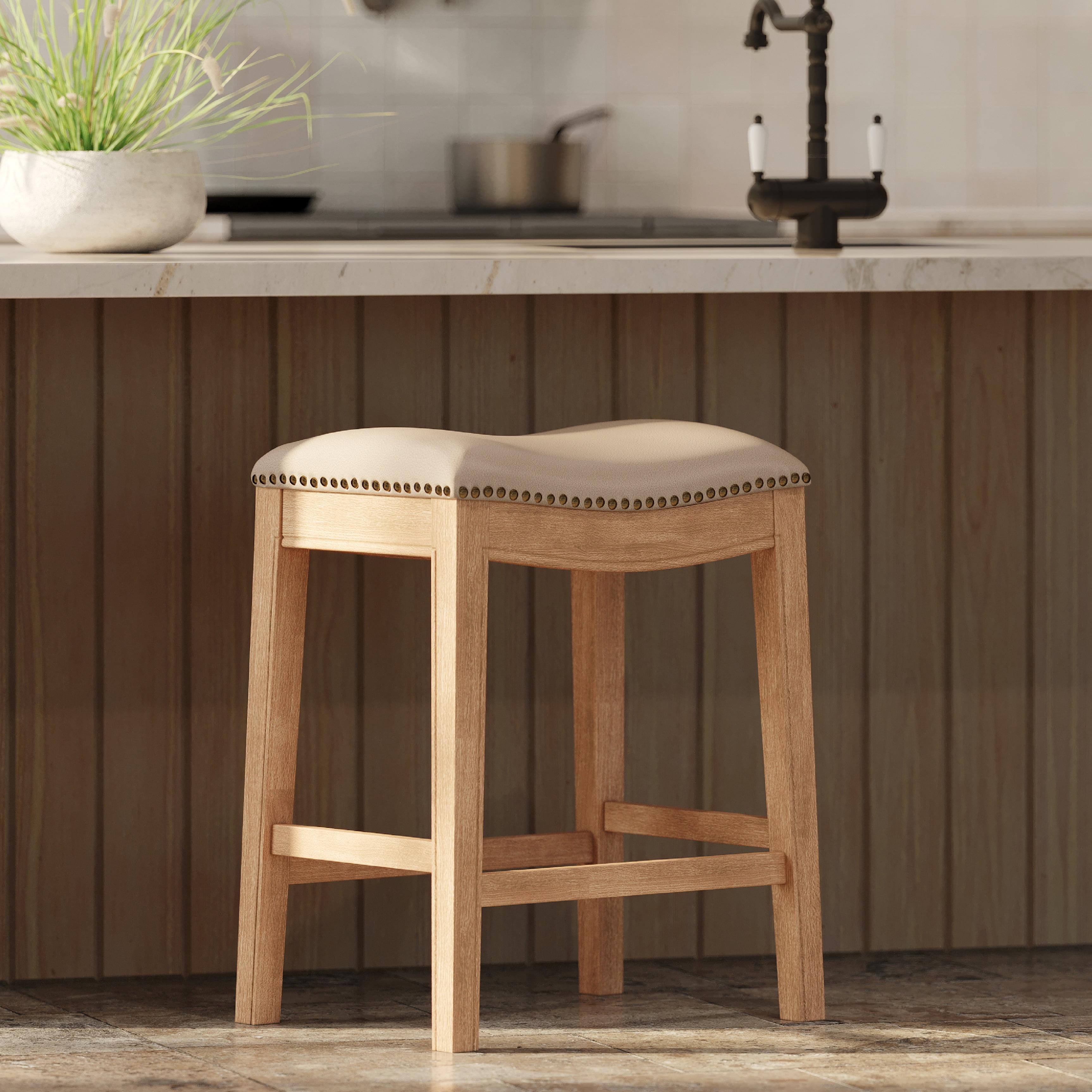 Maven Lane Adrien Saddle Kitchen Counter Stool in Weathered Oak w/ Avanti Bone Vegan Leather