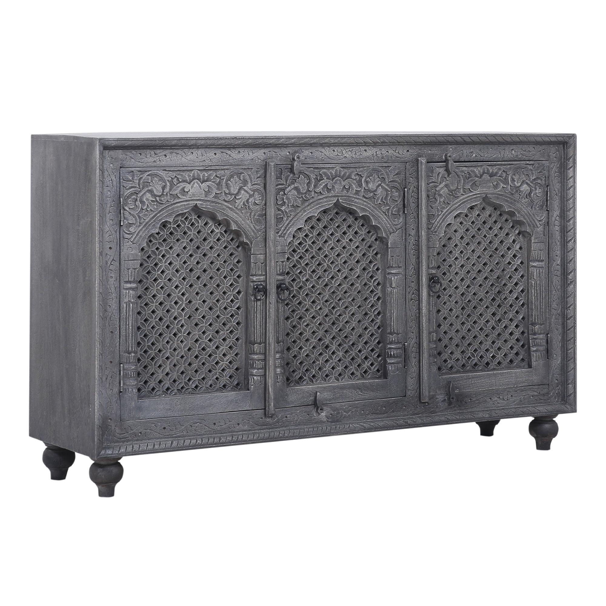 Gray Distressed Handmade Wooden Sideboard with Carved Doors