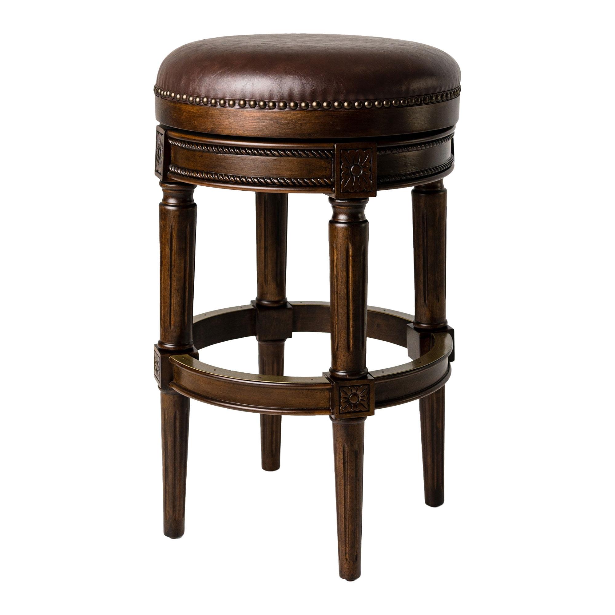 Dark Walnut Backless Swivel Bar Stool with Leather Seat