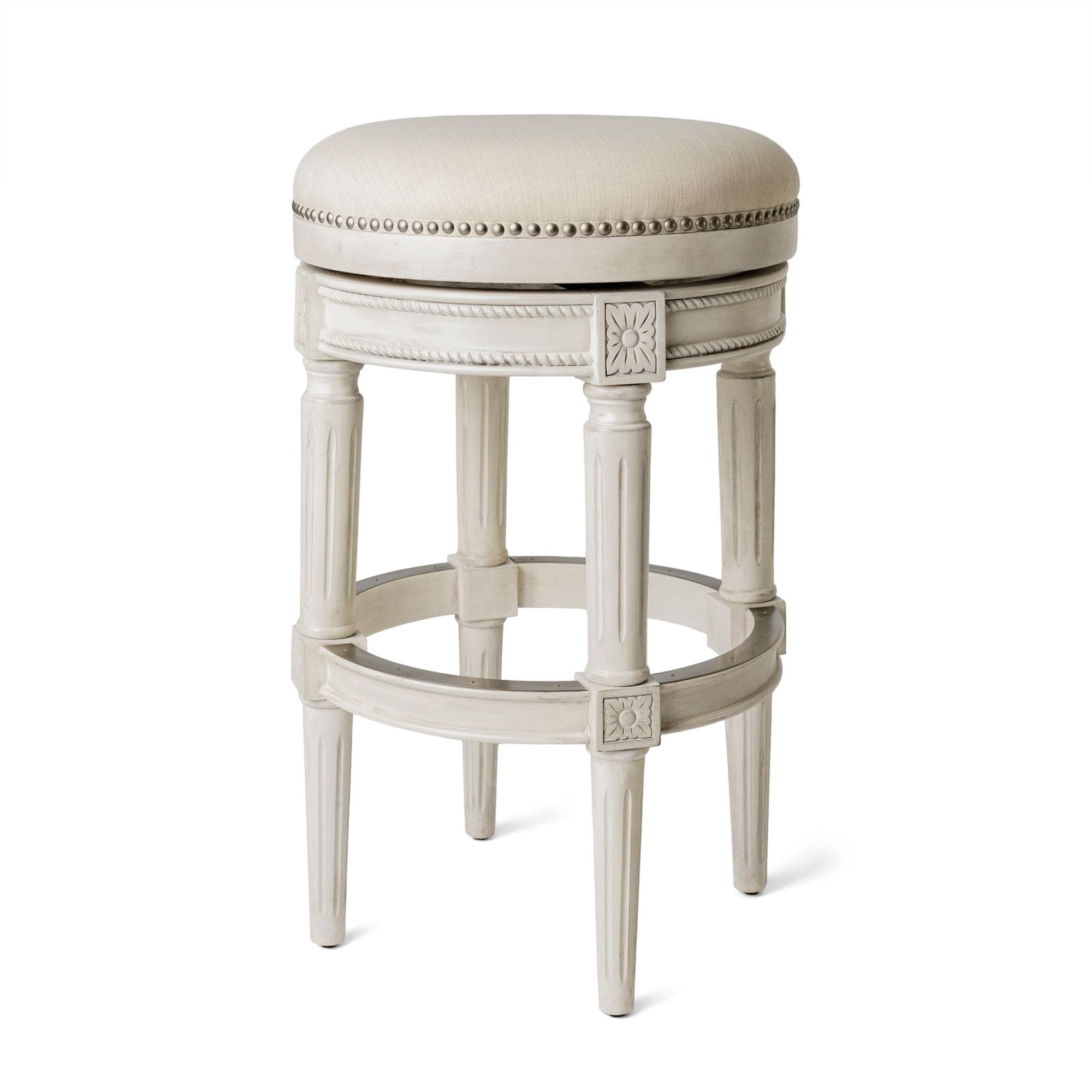 Alabaster White Swivel Backless Bar Stool with Hand-Carved Wood