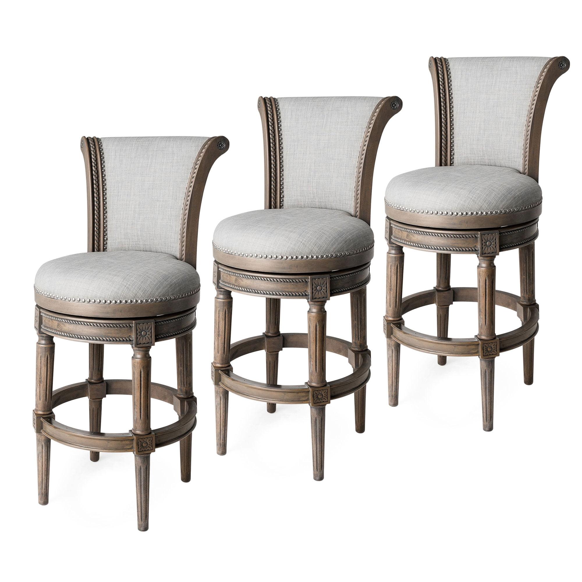 Maven Lane Pullman 31 Inch Tall Bar Height Upholstered Barstool with Back in Reclaimed Oak Finish with Ash Grey Fabric Cushion Seat, Set of 3