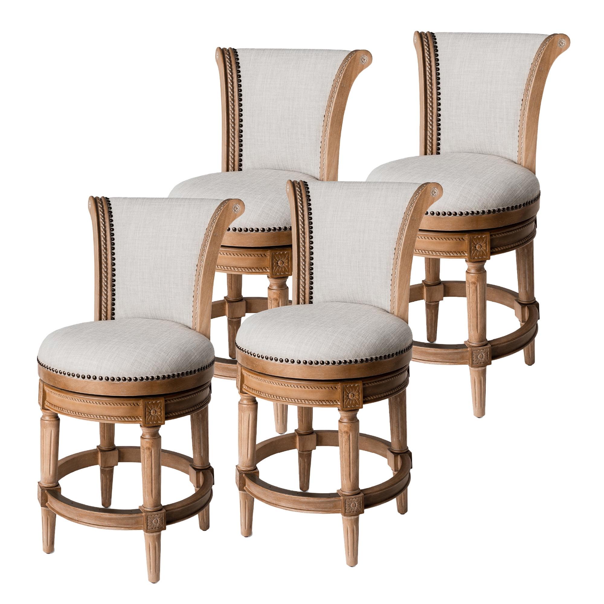 Maven Lane Pullman 26 Inch Tall Counter Height Upholstered Barstool with Back in Weathered Oak Finish with Sand Color Fabric Cushion Seat, Set of 4