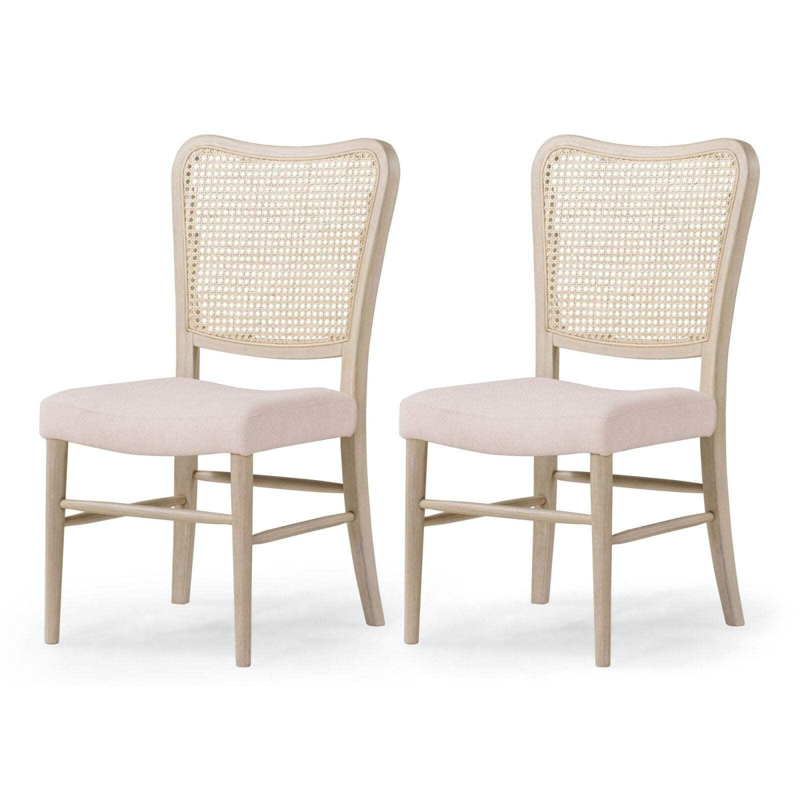 Maven Lane Vera Classical Wooden Dining Chair in Antiqued White Finish with Cream Weave Upholstery, Set of 2
