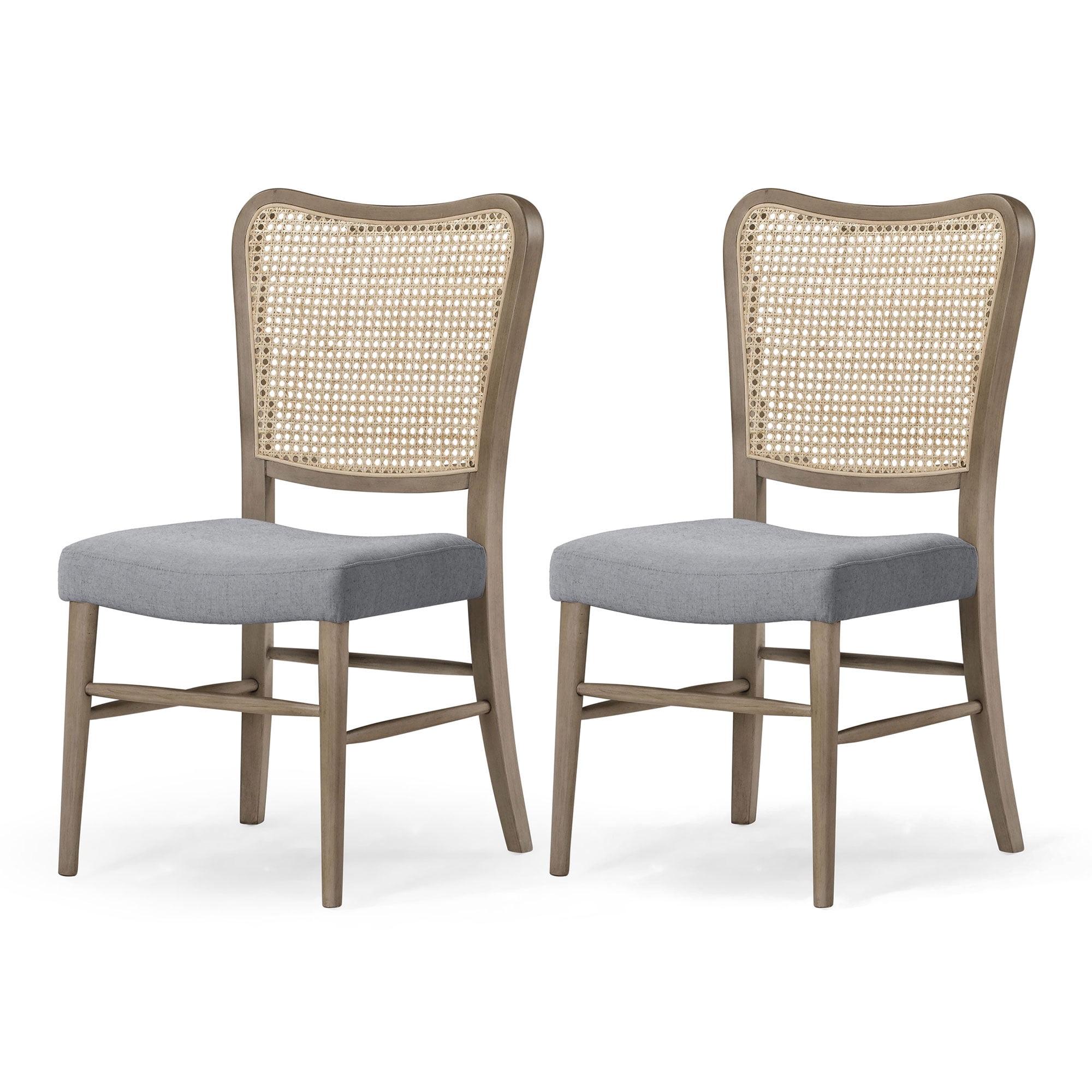 Antiqued Grey Cane Back Linen Upholstered Side Chair Set