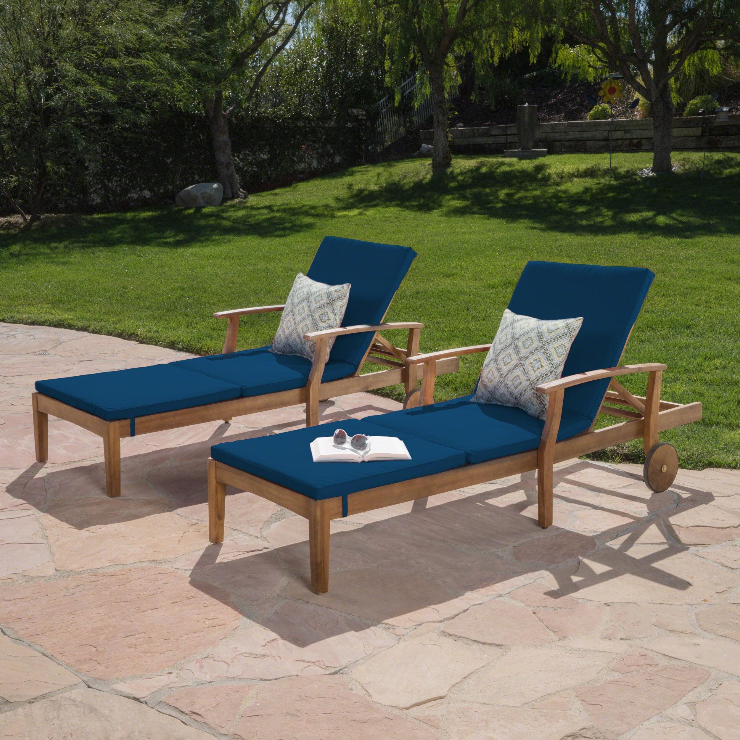 Teak Acacia Wood Outdoor Chaise Lounge with Blue Cushions