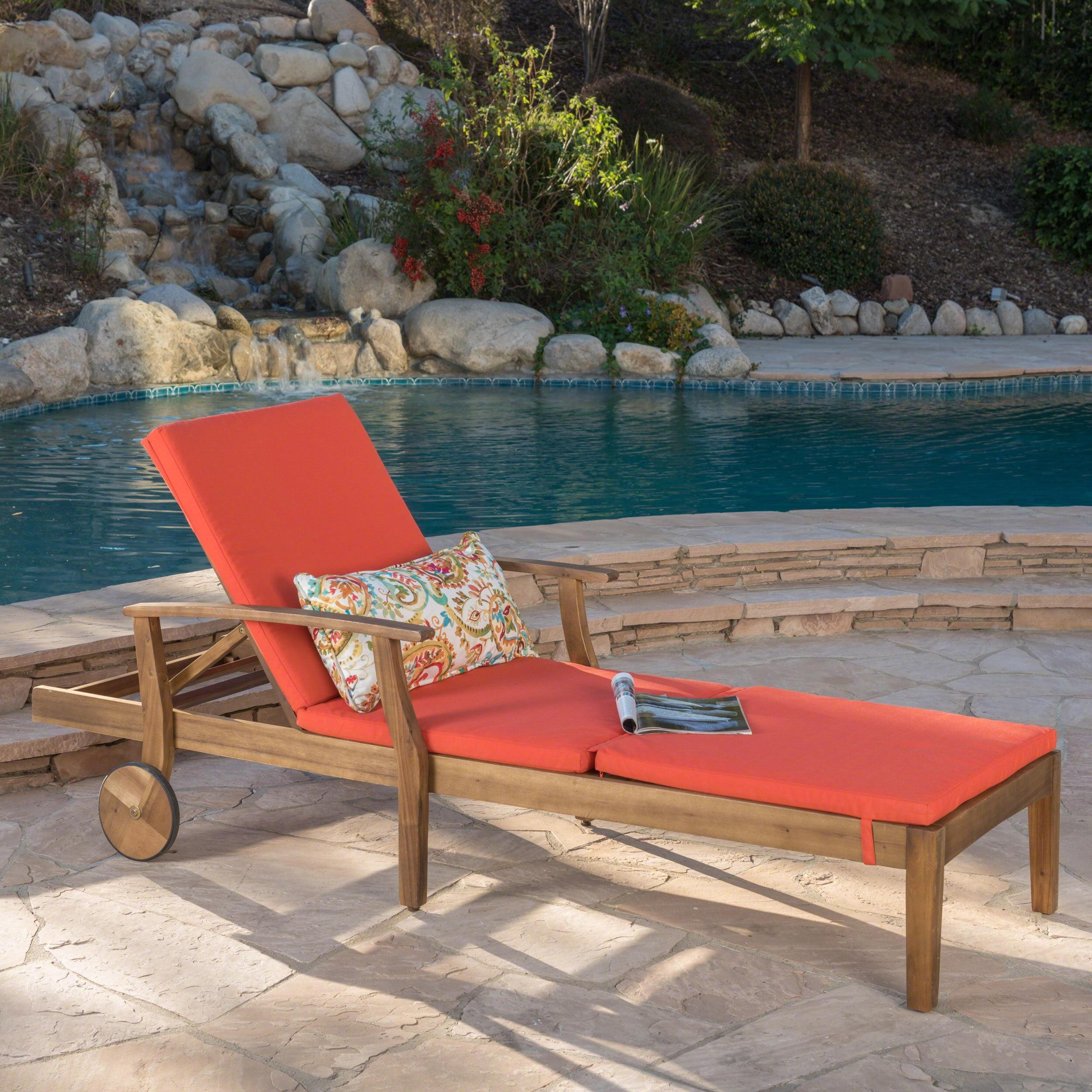 Teak Acacia Wood Outdoor Chaise Lounge with Orange Cushion
