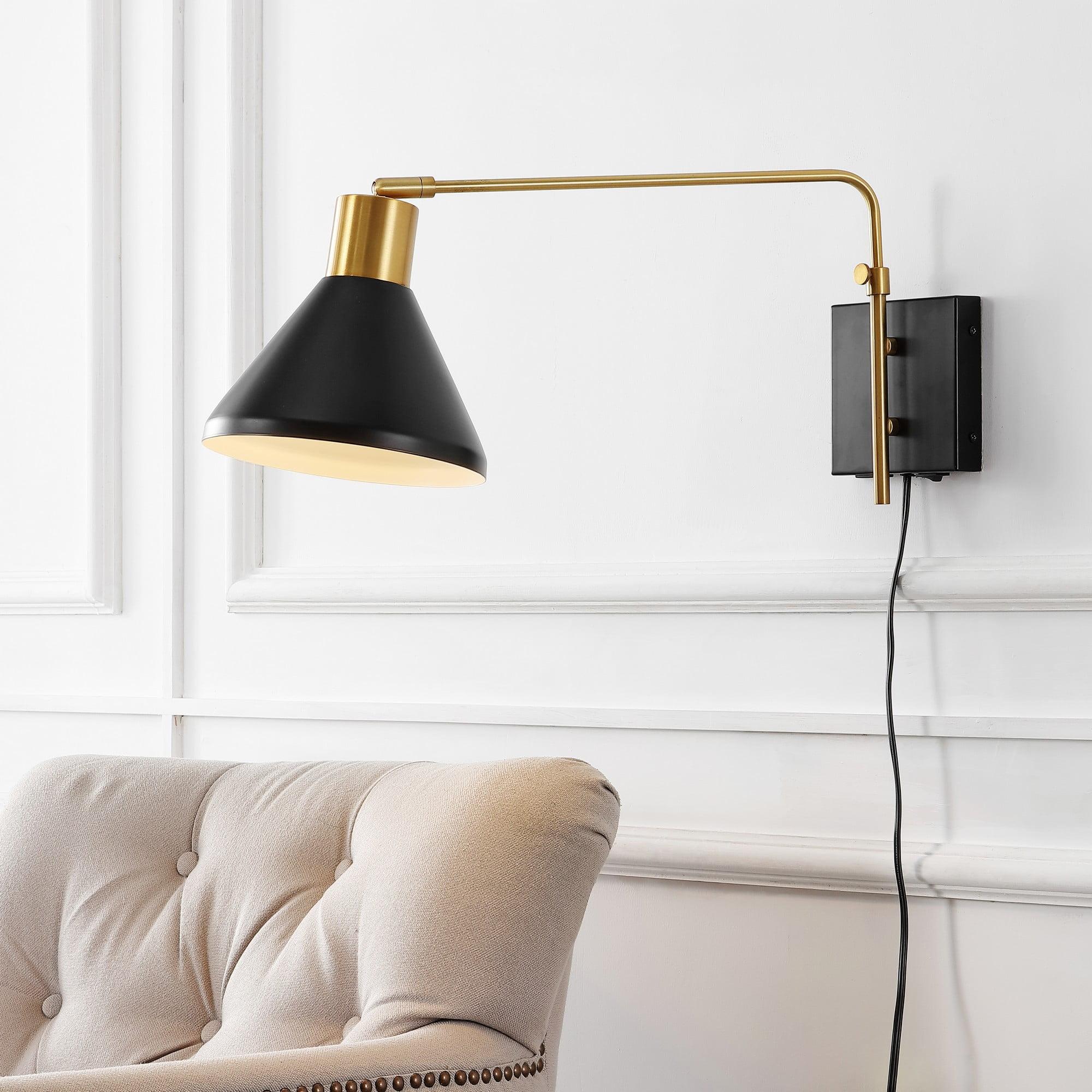 Max 20.5" Swing Arm 1-Light Modern Midcentury Iron USB Charging Port LED Sconce, Black/Brass Gold