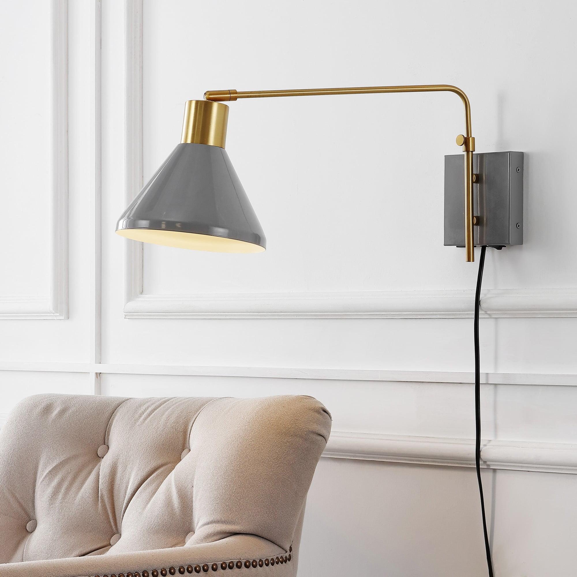 Max 20.5" Swing Arm 1-Light Modern Midcentury Iron USB Charging Port LED Sconce, Grey/Brass Gold