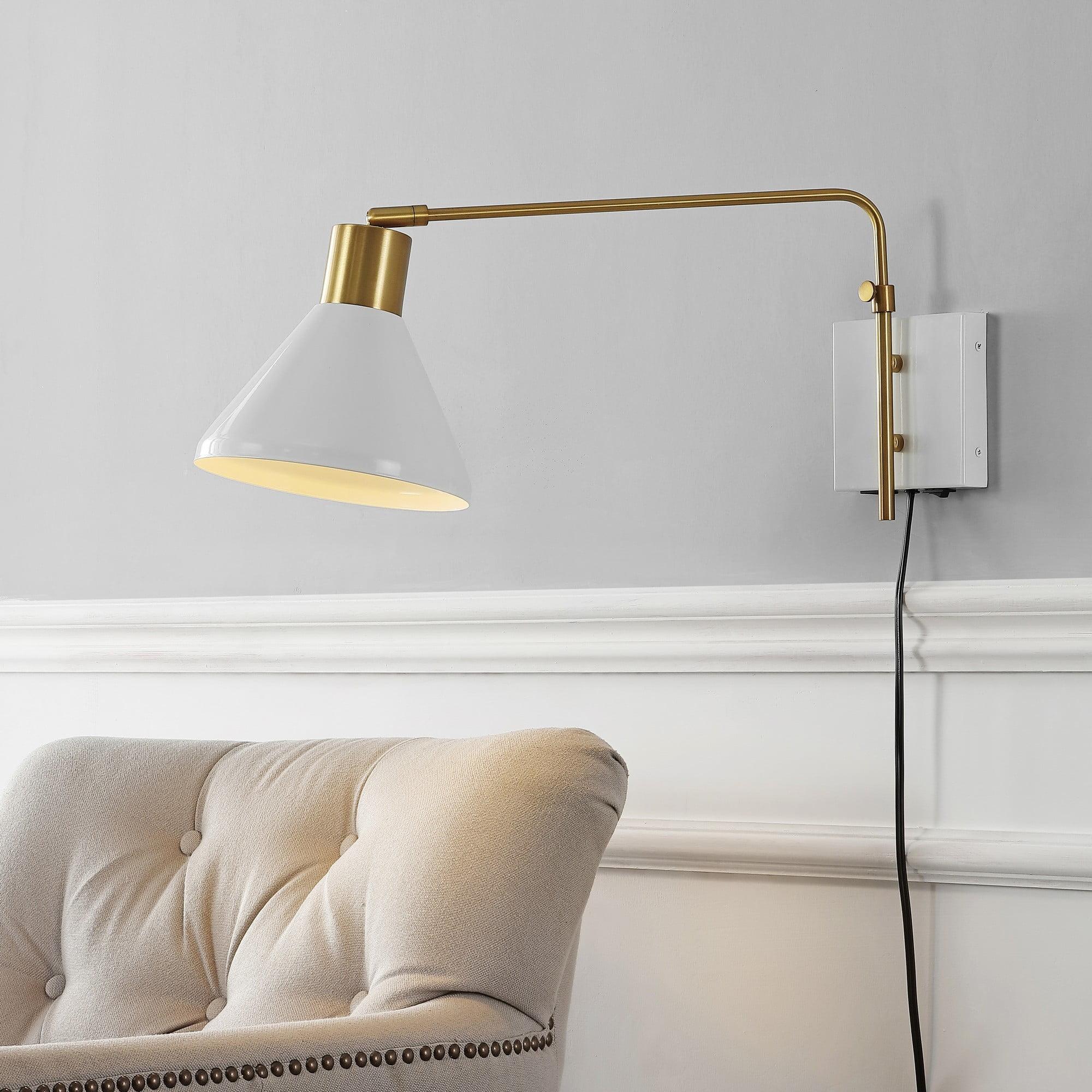 Max 20.5" Swing Arm 1-Light Modern Midcentury Iron USB Charging Port LED Sconce, White/Brass Gold