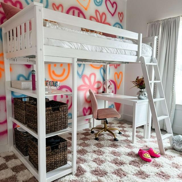Max & Lily Loft Bed, Solid Wood Twin High Loft Bed with Bookcase and Desk for Kids, White