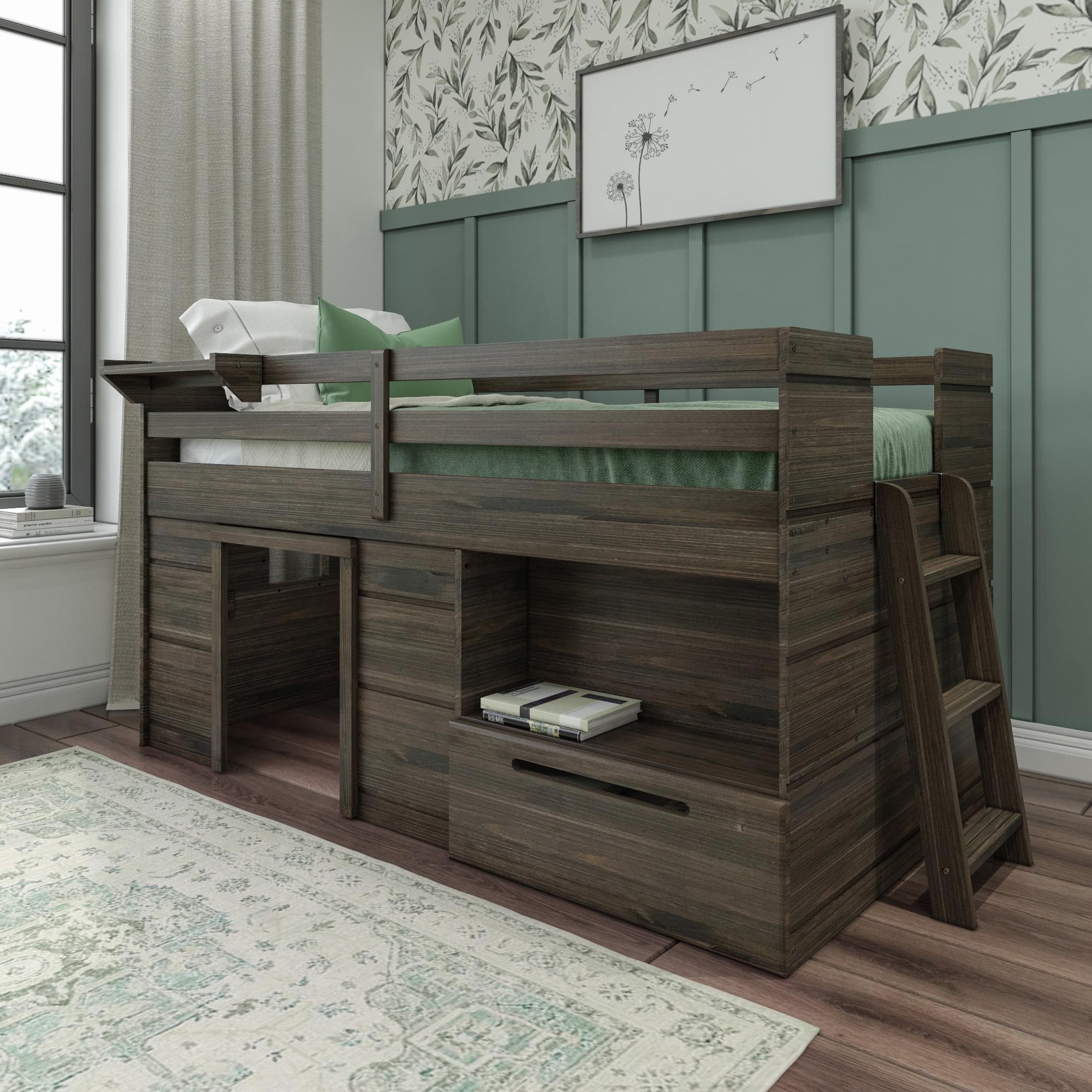 Max & Lily Loft Bed Twin Size Solid Wood Platform Bed Frame for Kids with Storage Drawer, Barnwood Brown