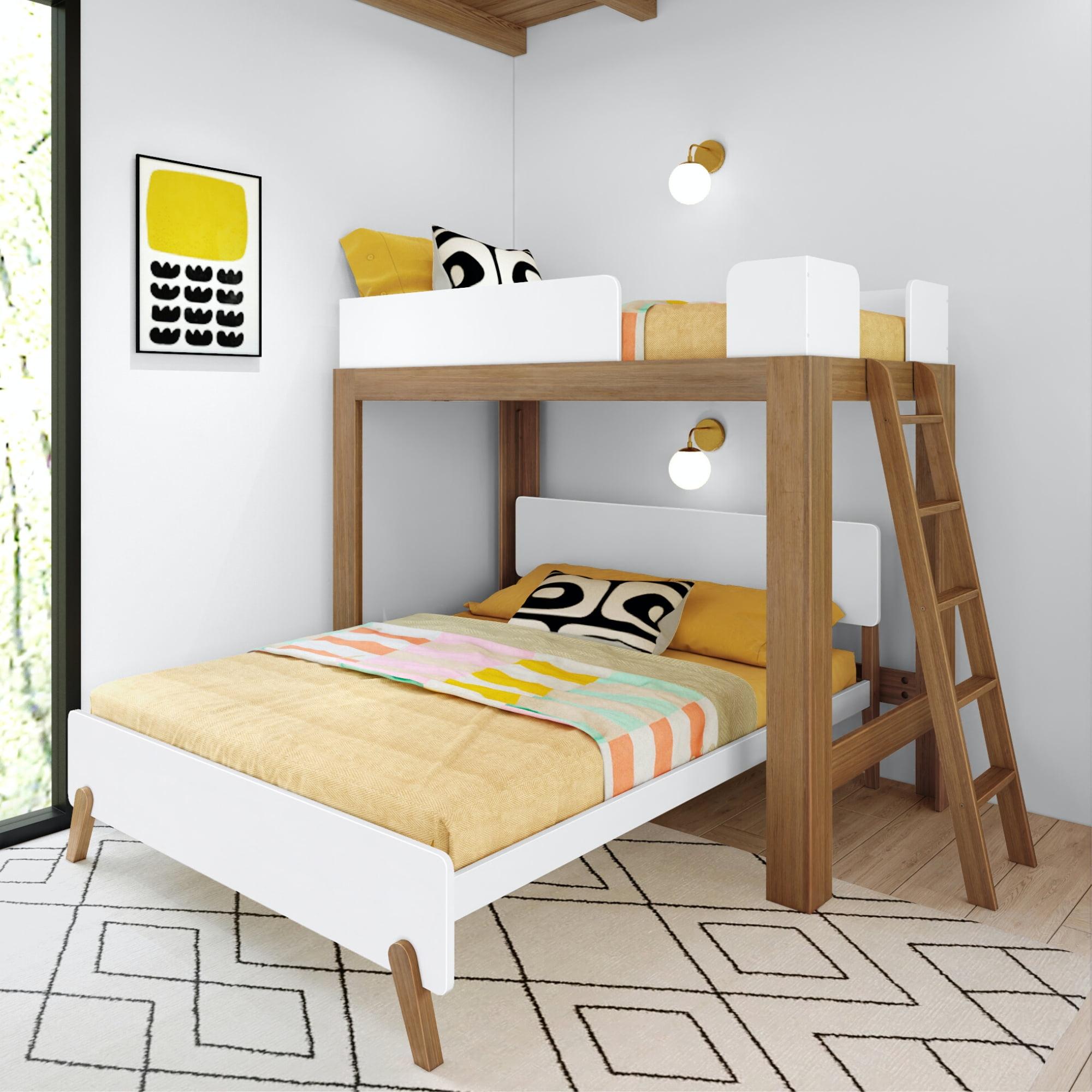 Max & Lily Mid-Century Modern Twin over Queen L-Shaped Bunk Bed, Solid Wood, White/Pecan