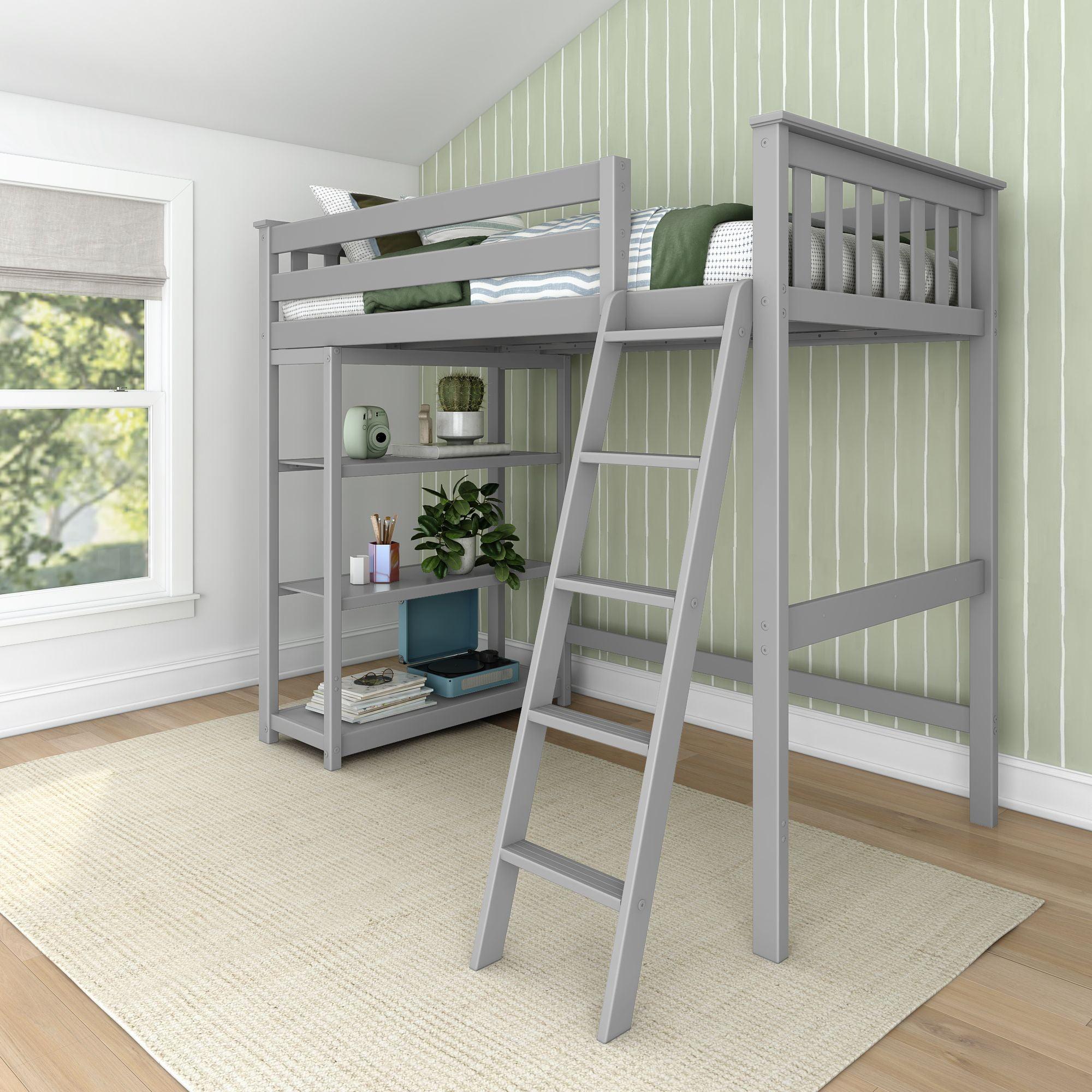 Max & Lily Solid Wood High Loft Bed,Twin Bed Frame For Kids With Bookcase and Ladder, Grey