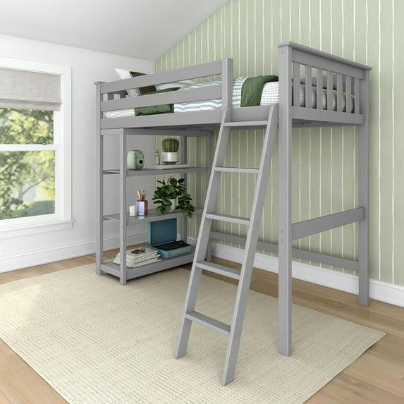 Max & Lily Solid Wood High Loft Bed,Twin Bed Frame For Kids With Bookcase and Ladder, Grey