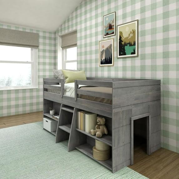 Max & Lily Solid Wood Modern Farmhouse Low Loft Bed, Twin Bed Frame for Kids with 2 Bookcases